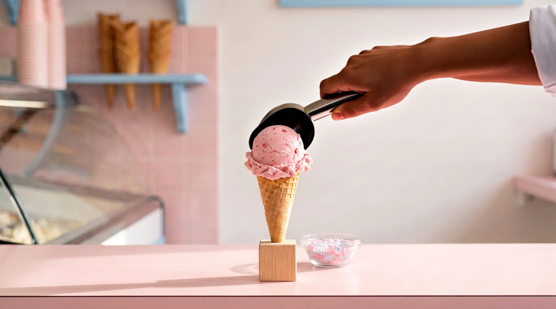 A hand sets a scoop of strawberry ice cream on a waffle cone that stands in a wooden block