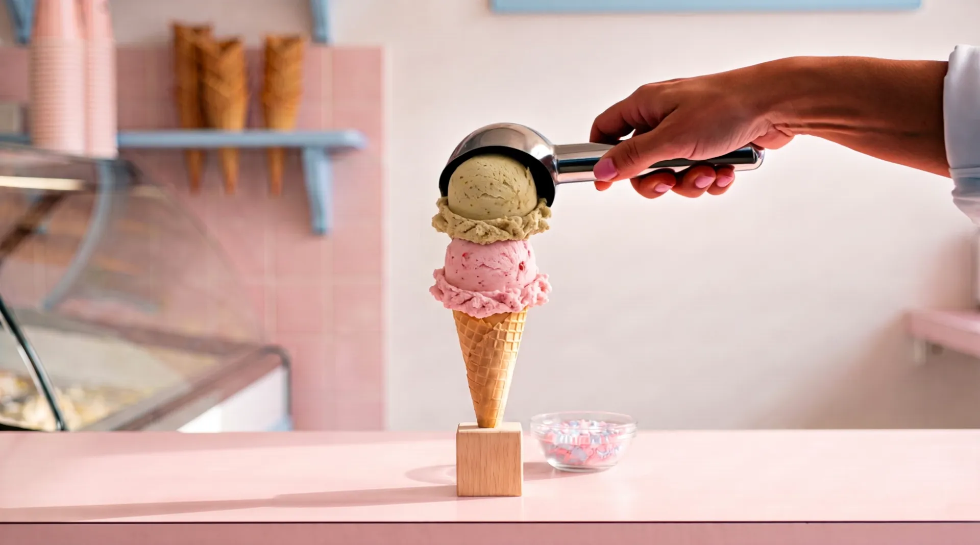 A hand sets a scoop of pistachio ice cream on top of the strawberry one