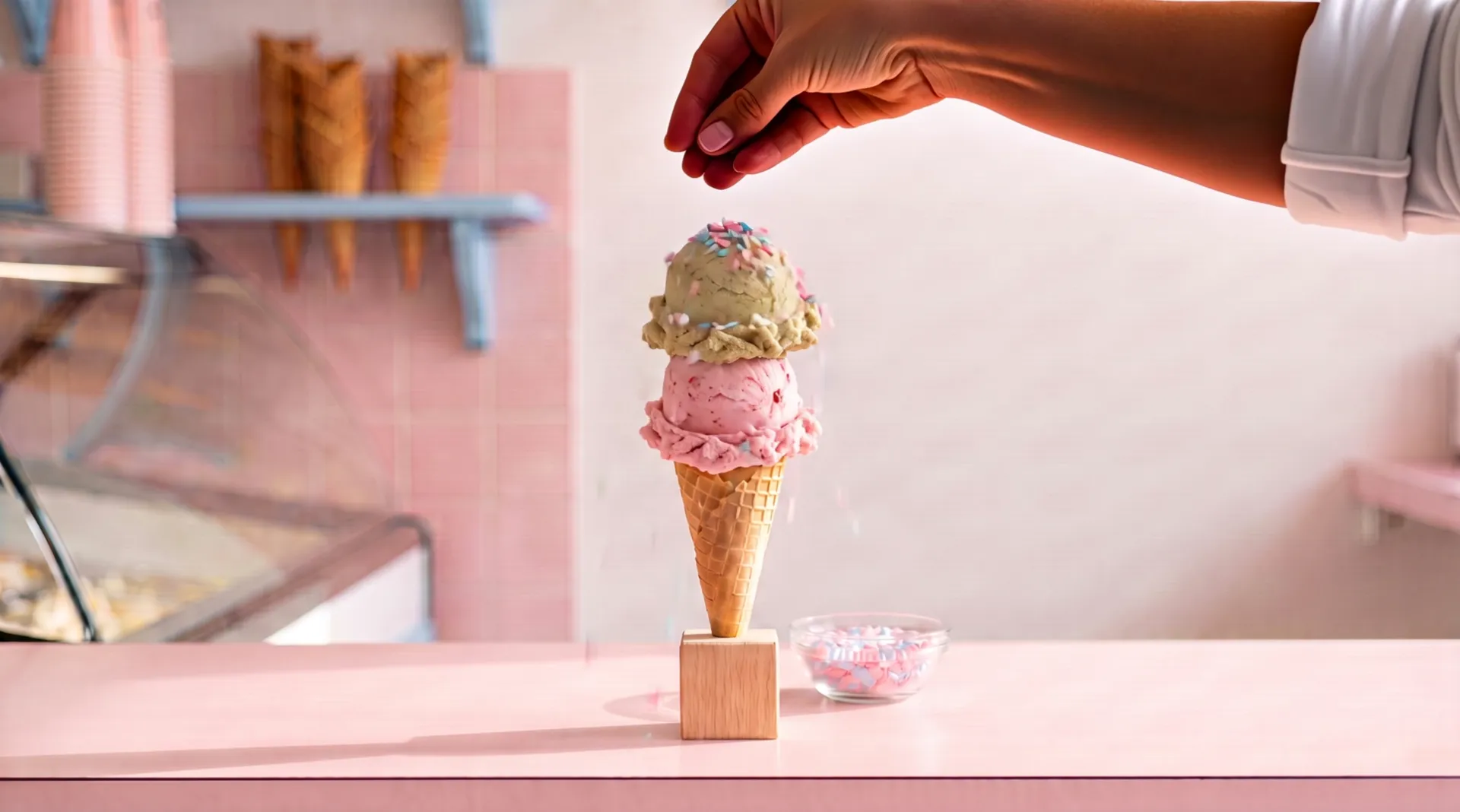 A hand scatters pastel sprinkles over the cone with its two scoops