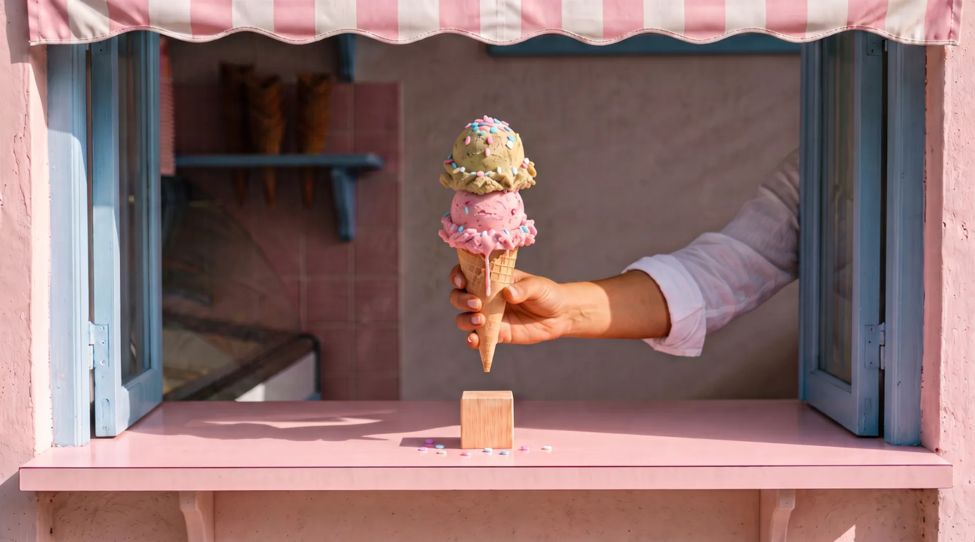At the serving window a hand holds out the cone with two scoops and sprinkles; a pink drip runs down the waffle
