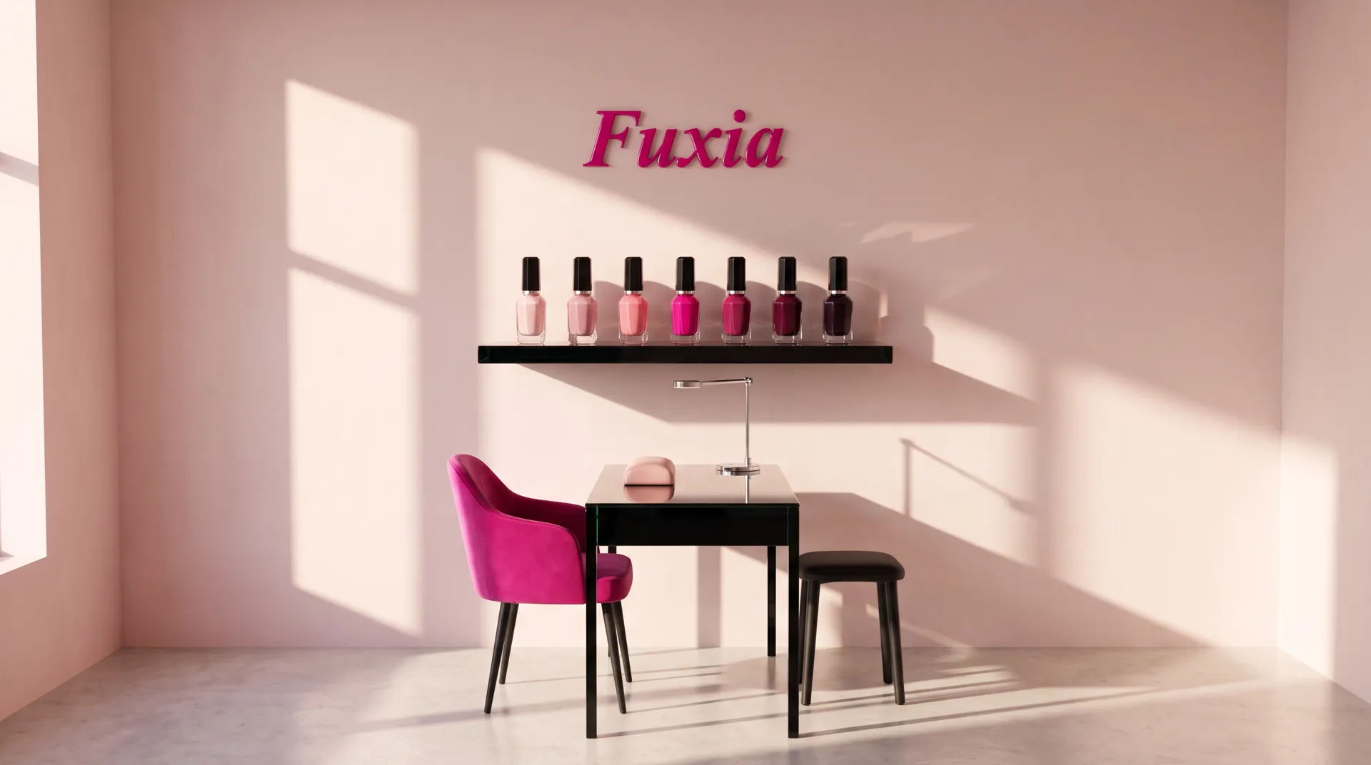 A bright nail studio in the morning: a black glass table with a fuchsia velvet chair, and on the blush wall a shelf of seven bottles of polish under the name Fuxia