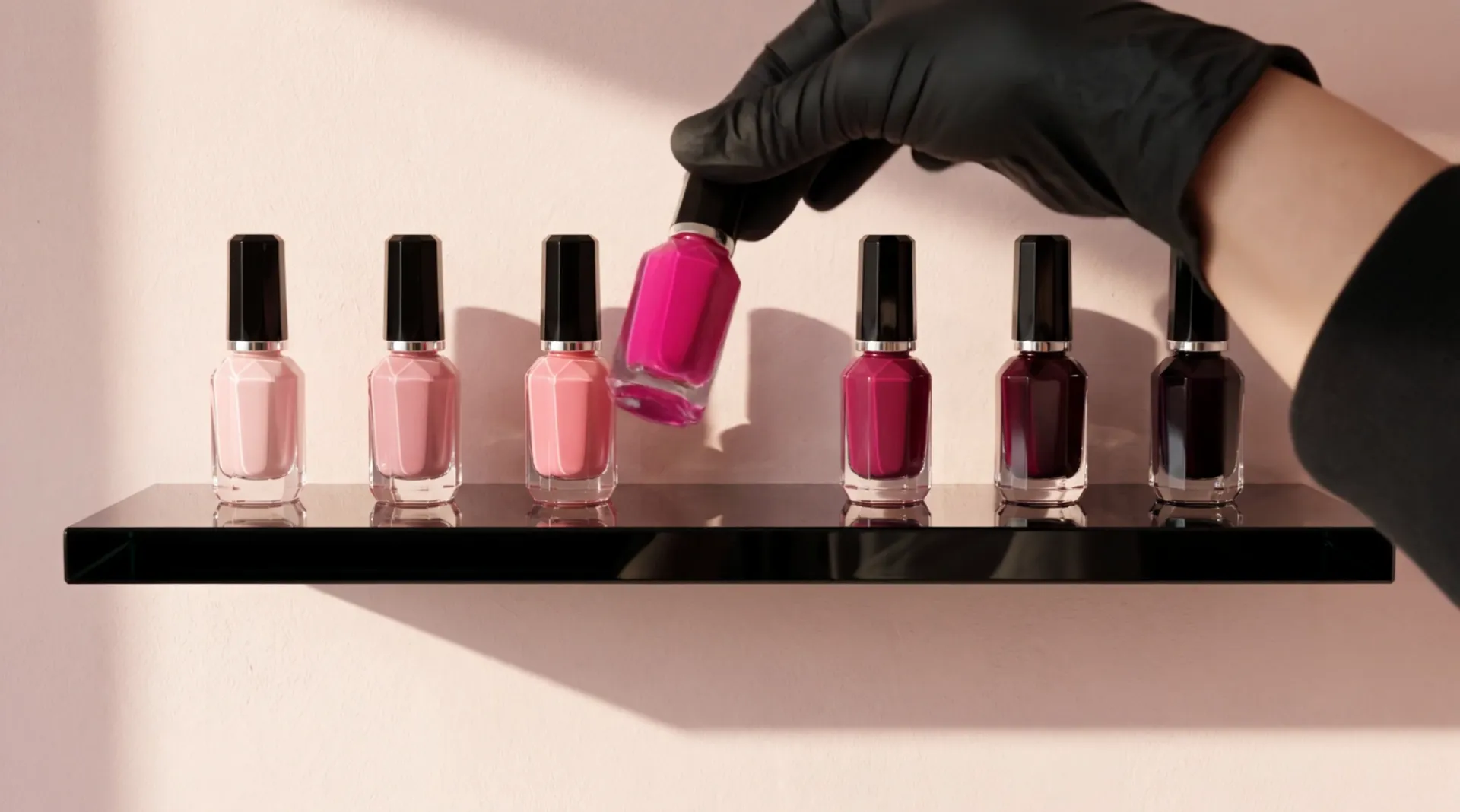 A hand in a black glove lifts the bottle of fuchsia polish out of a row of seven shades on a black glass shelf