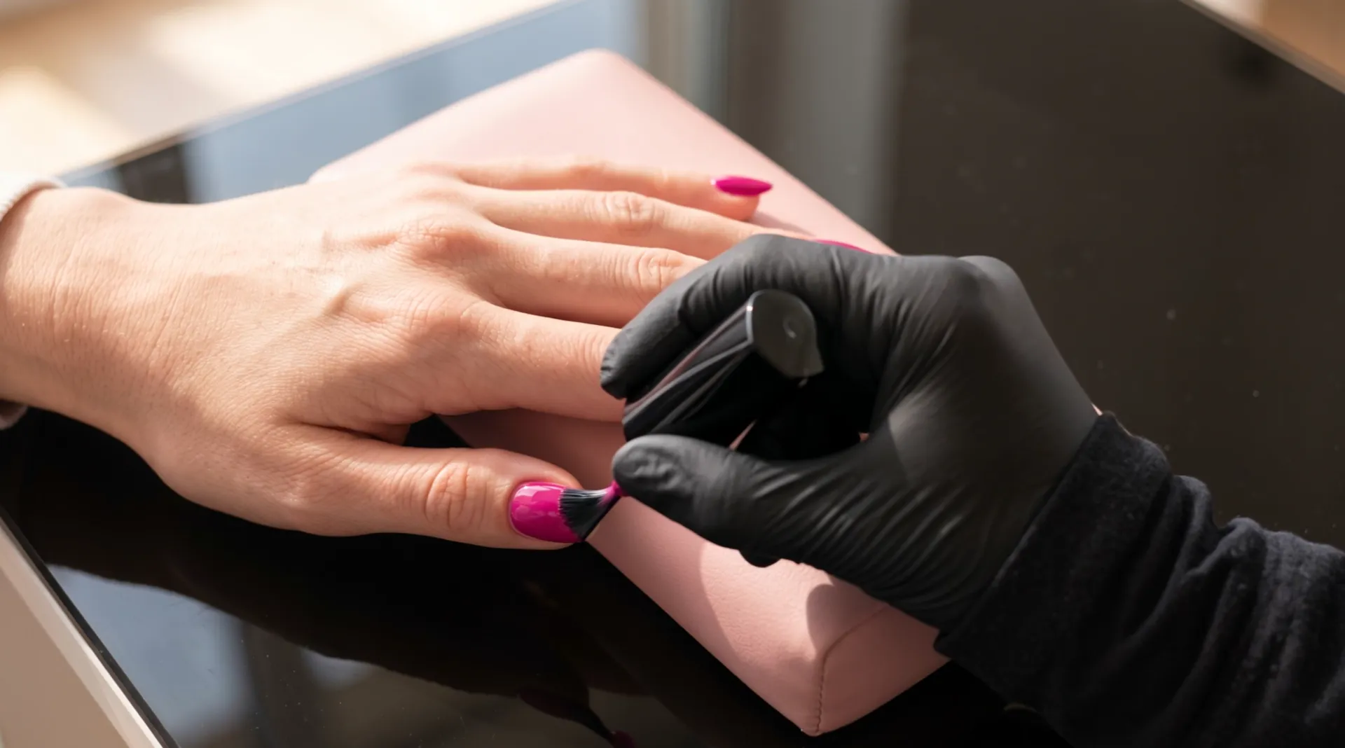 A hand on a blush leather rest, four nails painted fuchsia; the brush paints the thumbnail, the last one