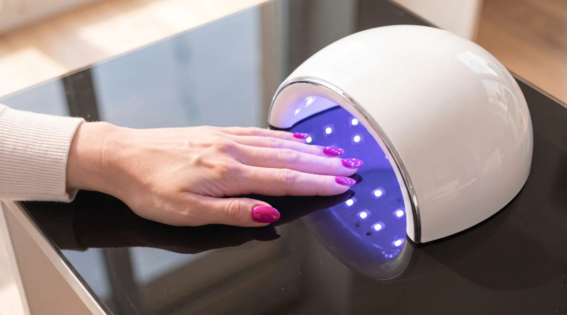 The hand with five fuchsia nails under the dome of a curing lamp, lit violet from inside