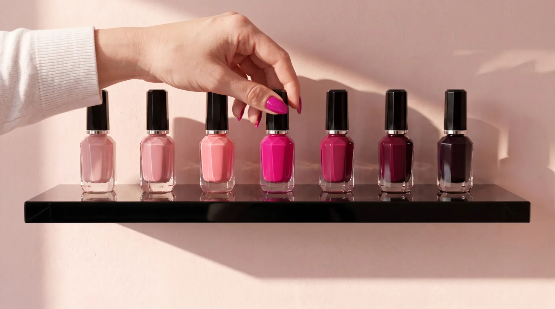 A hand with glossy fuchsia nails holds the fuchsia bottle by its cap, back in its place among the seven shades on the shelf