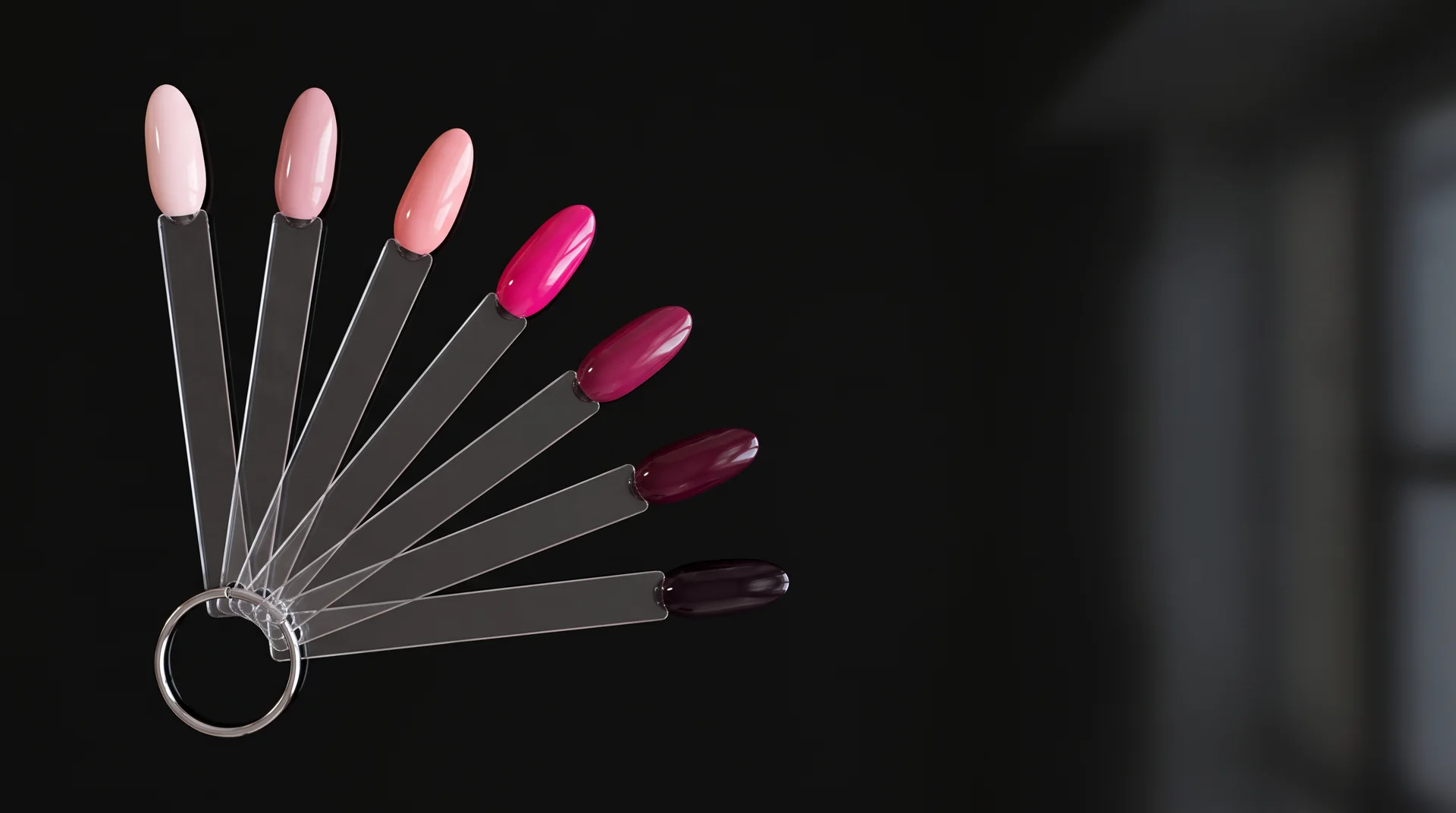 A fan of seven nail swatches on black glass, from pale pink through fuchsia to near-black plum