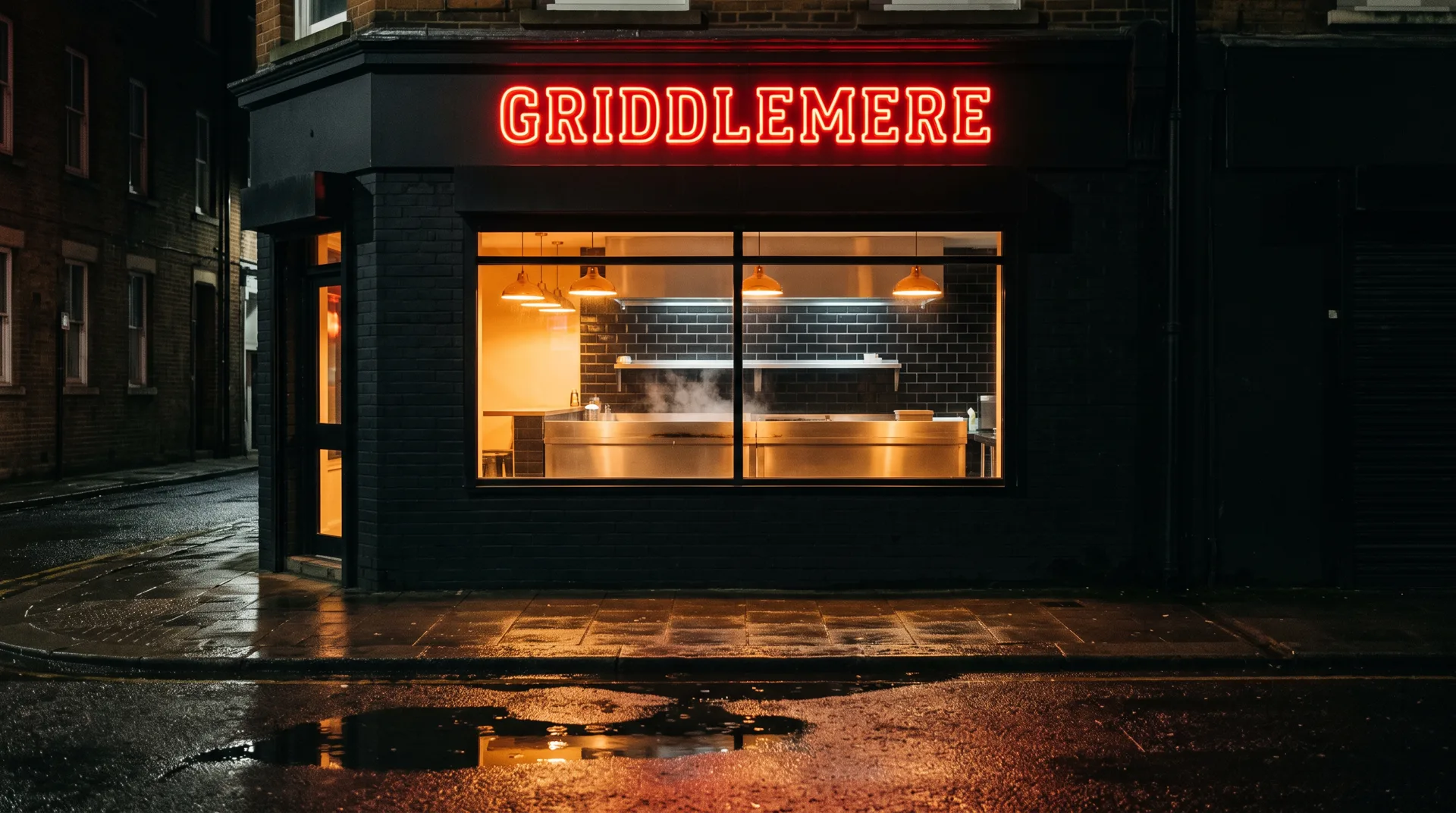 A small black-brick burger joint at night after rain; a red neon sign, Griddlemere, over a window lit amber, the griddle steaming behind the glass