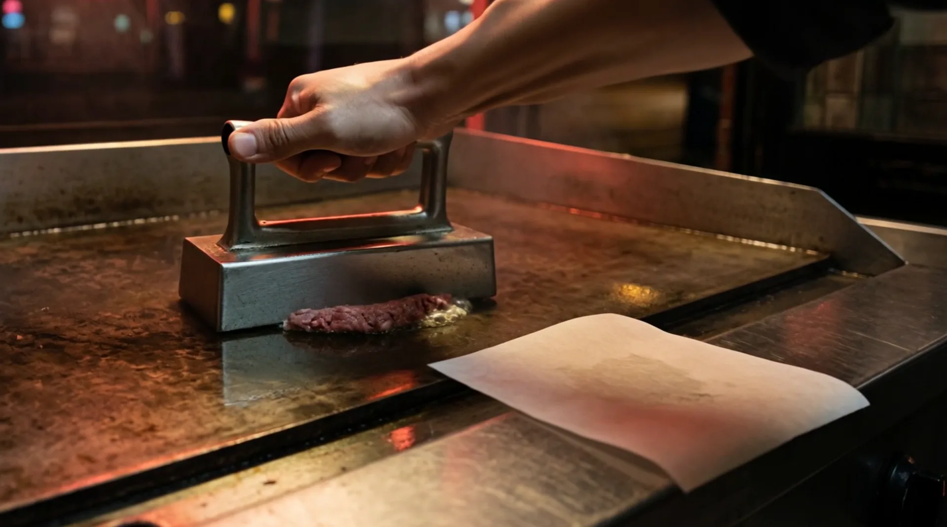 A hand presses a ball of beef flat on the hot griddle with a steel press