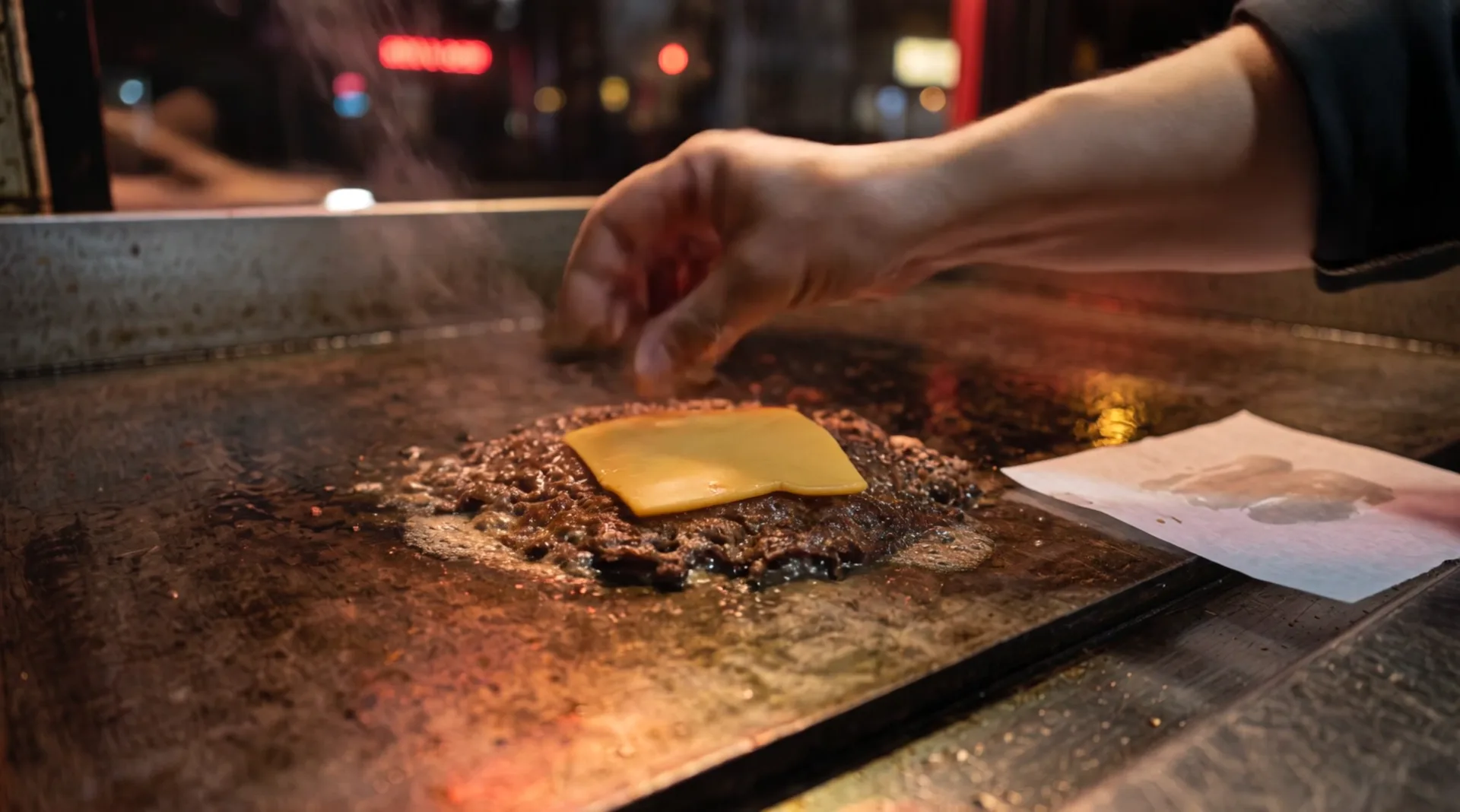 A hand lays a slice of cheddar on the seared patty
