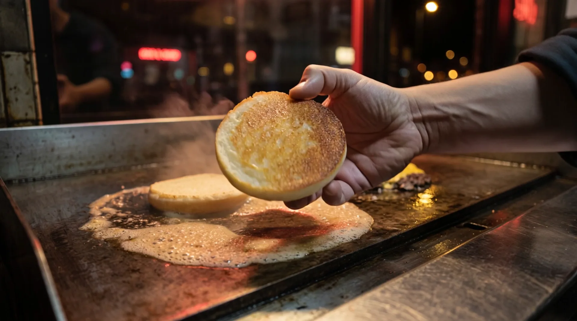 A hand lifts the top of the bun out of the foaming butter and shows its toasted face