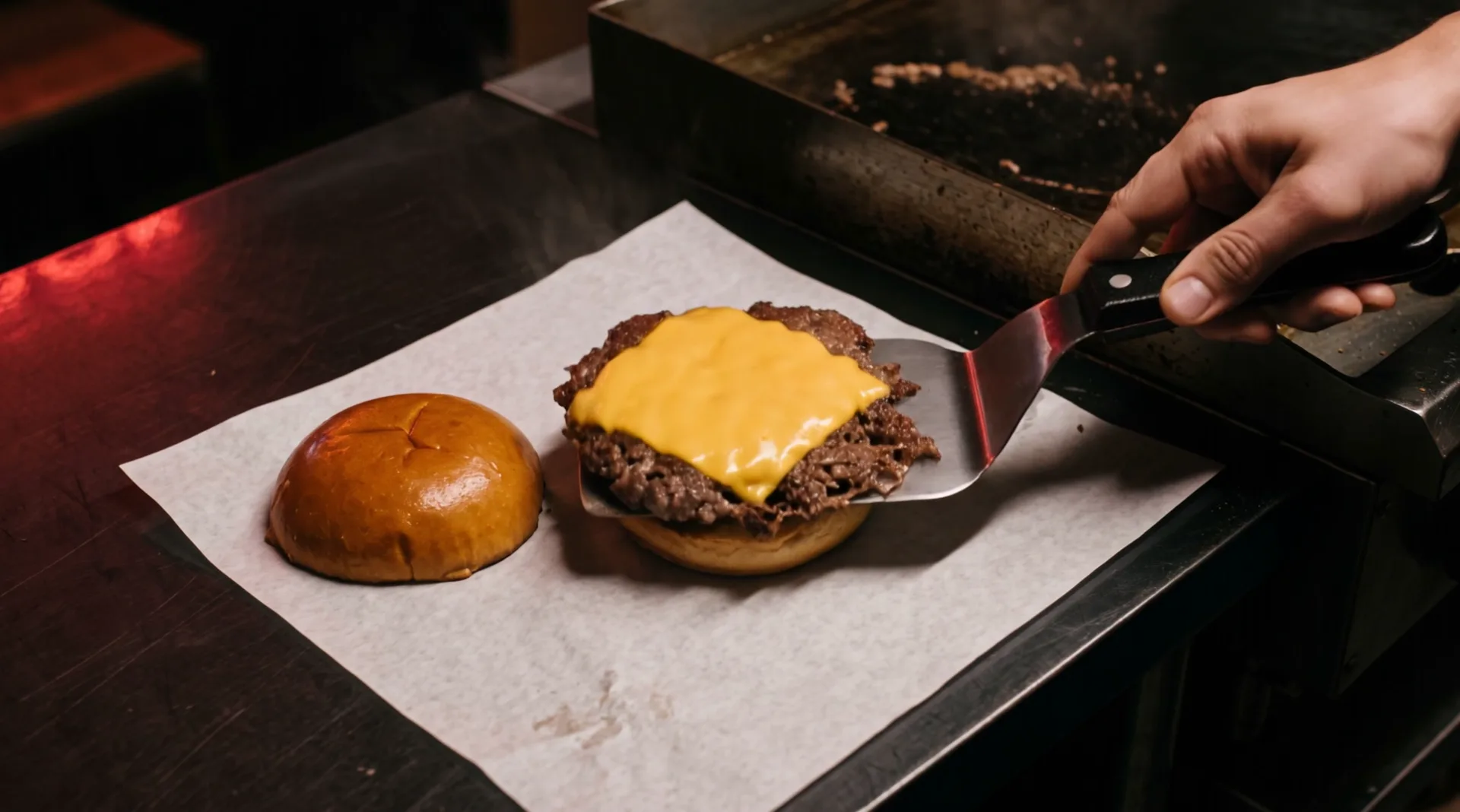 A spatula sets the patty with melted cheddar on the bun dressed with sauce, pickles and onion