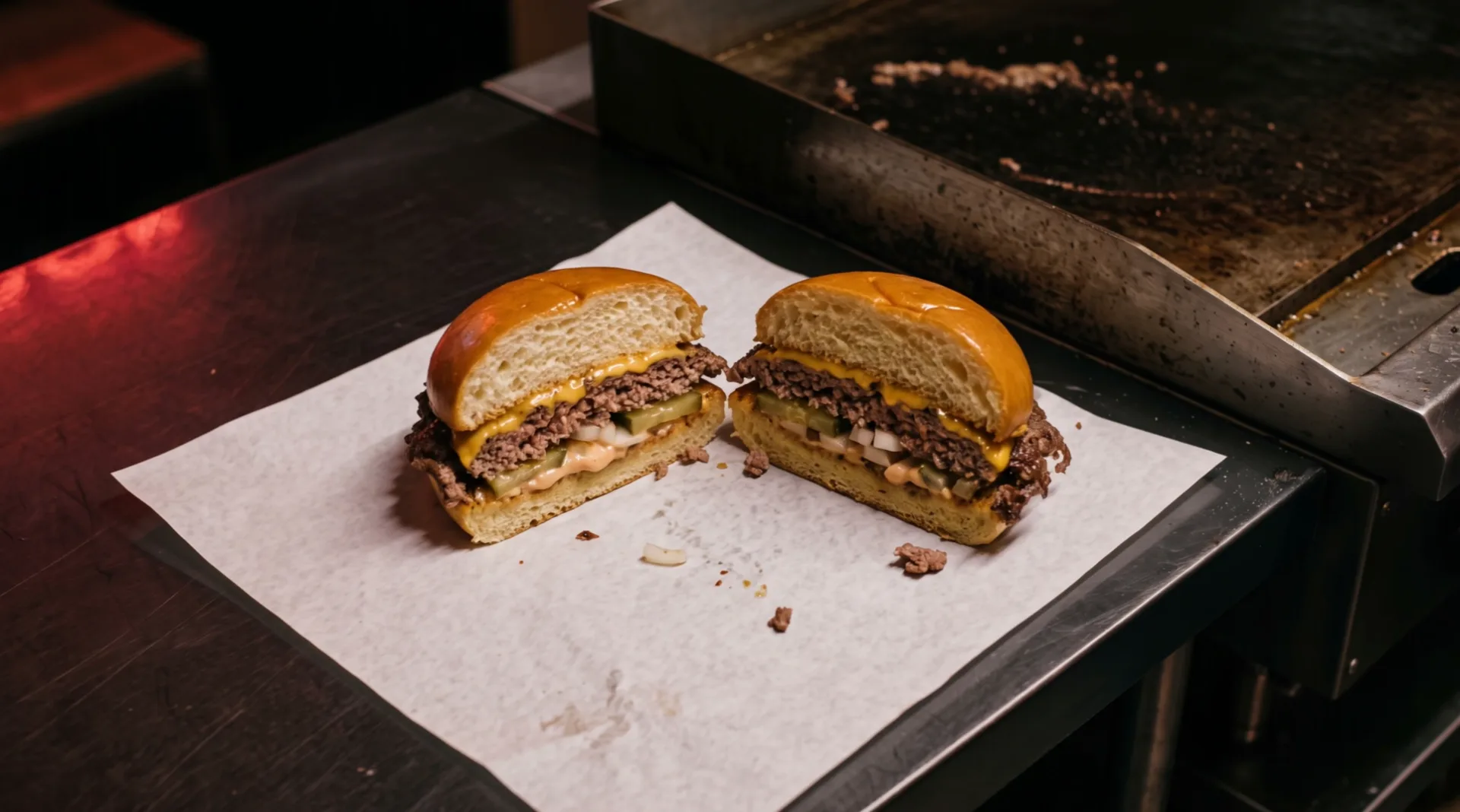 The burger cut in half on its paper, the two halves turned to show bun, cheddar, beef, pickles, onion and sauce