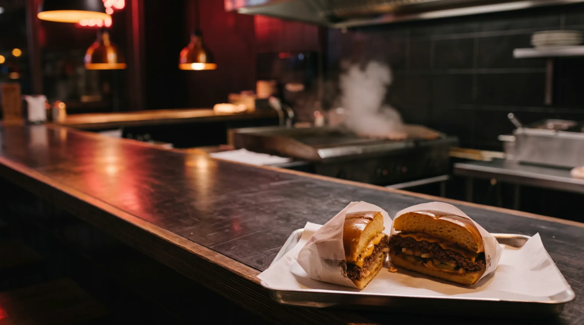 The burger, cut in two and wrapped in paper, on a steel tray pushed across the counter