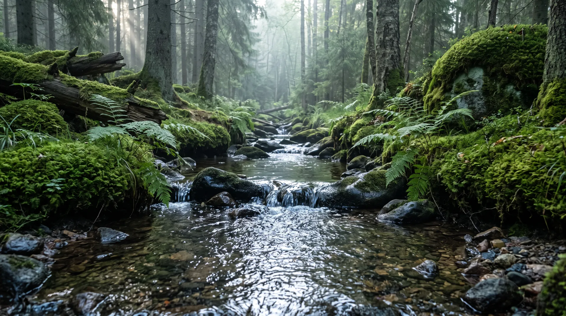 A clear forest stream running over dark stones between banks of deep green moss and ferns, mist between the spruces