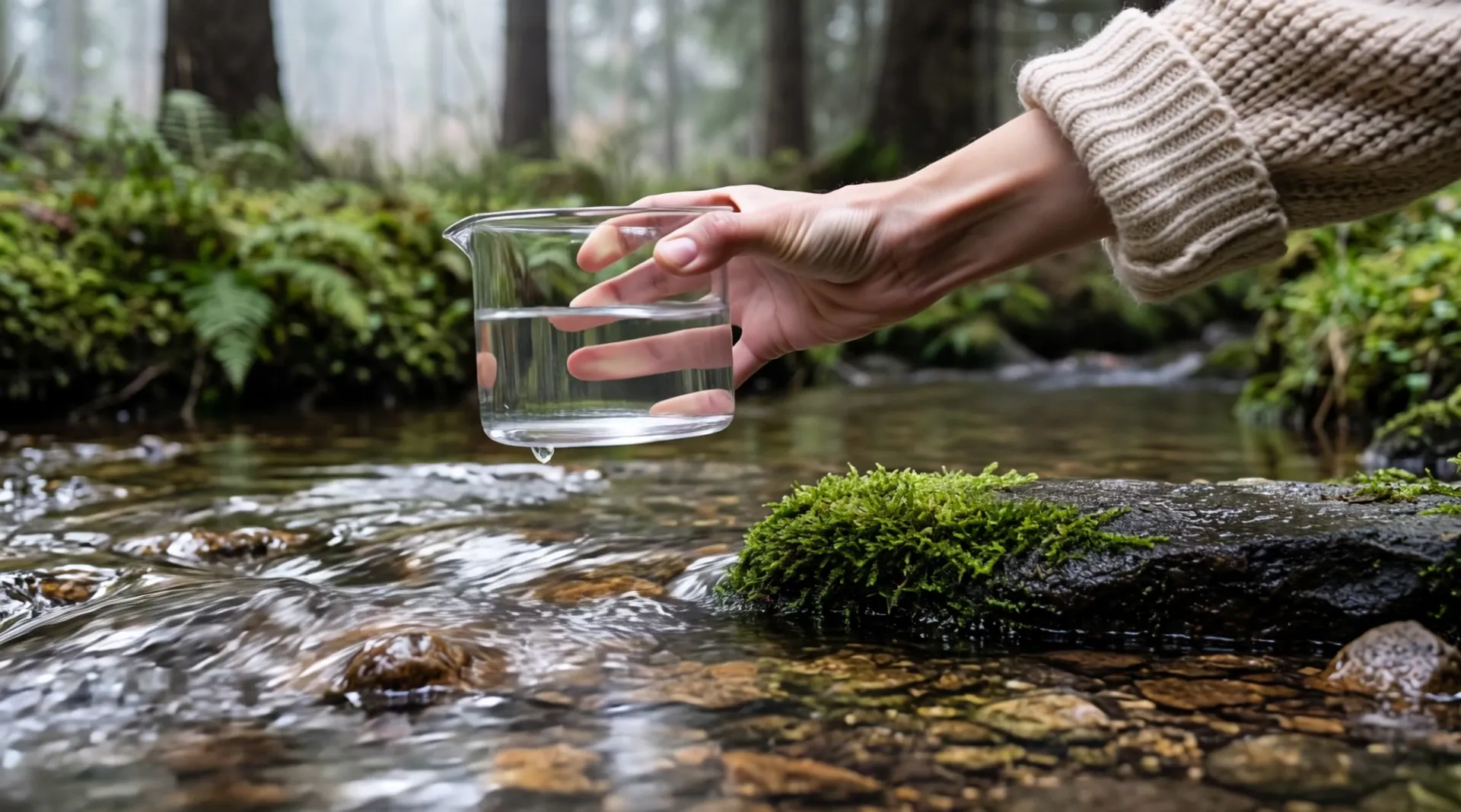 A hand in a knitted sleeve holds a glass beaker of clear water just lifted out of the stream; drops fall from its base