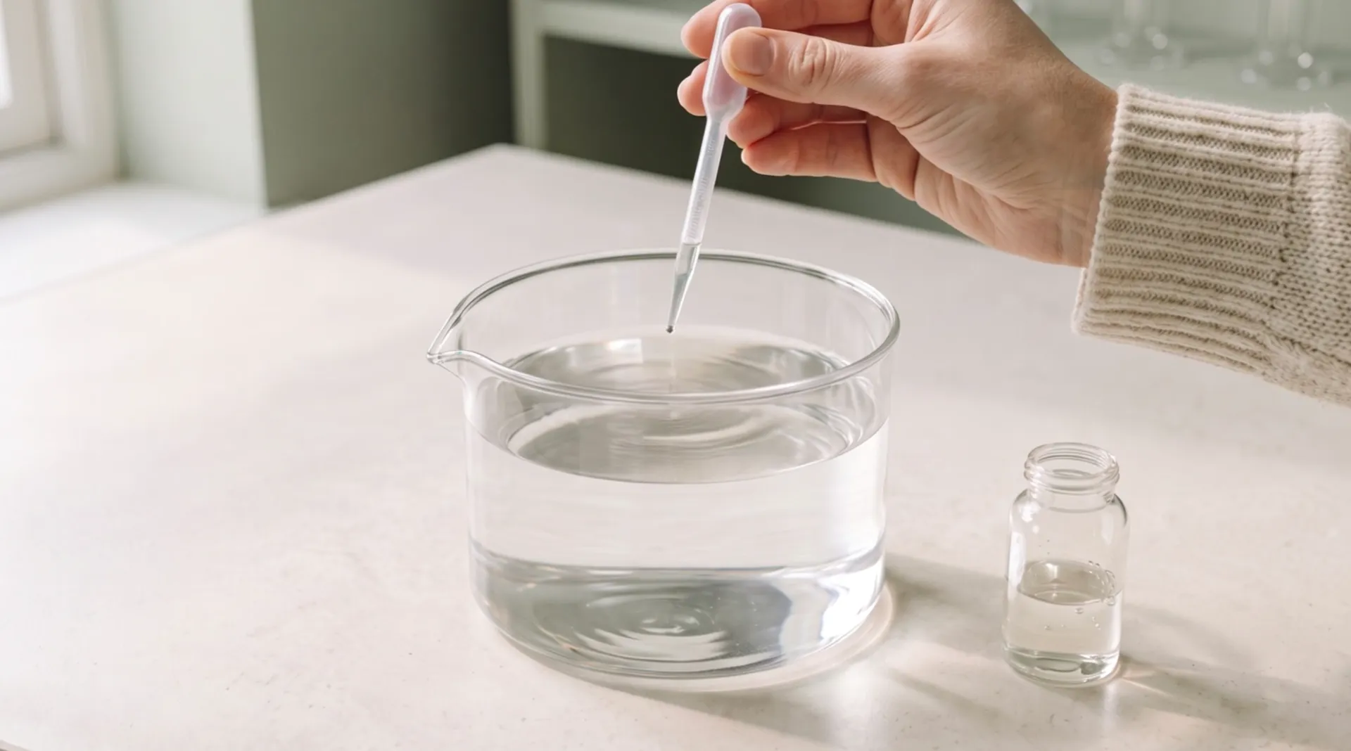 A drop has fallen from a pipette into a glass beaker of water on a pale laboratory bench: rings spread across the surface