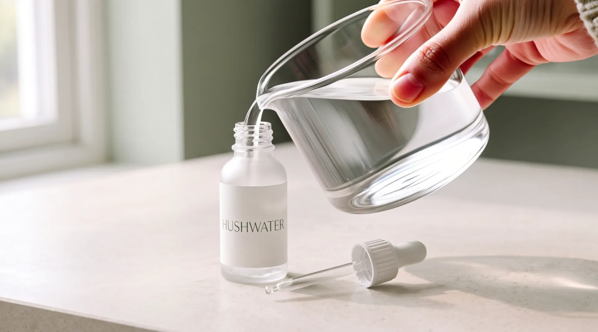 A hand tilts the beaker: a thin clear stream runs from its lip into the neck of a frosted glass bottle labelled Hushwater