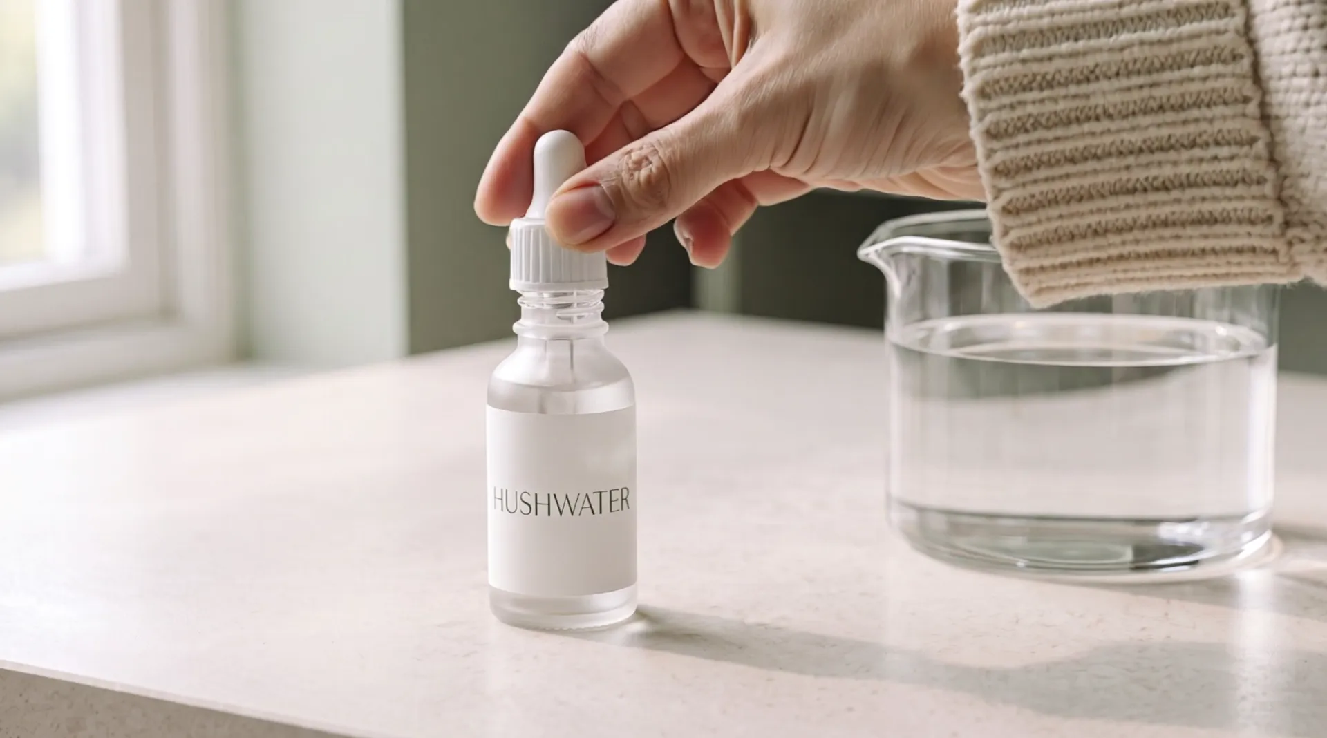 Fingers turn the white dropper cap on the filled Hushwater bottle until it is closed