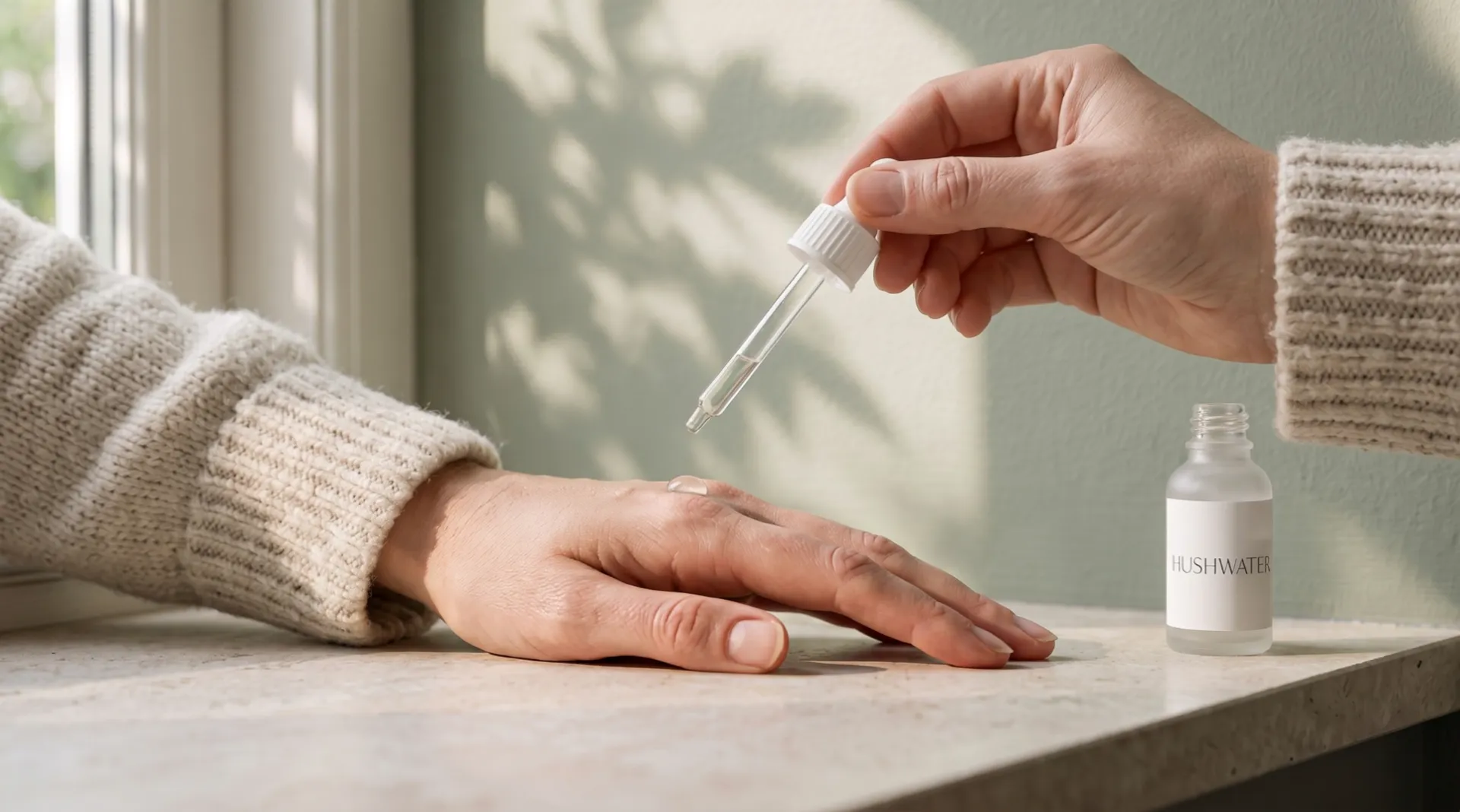 A drop of clear serum from a glass dropper lands on the back of a hand resting on a stone ledge in morning light