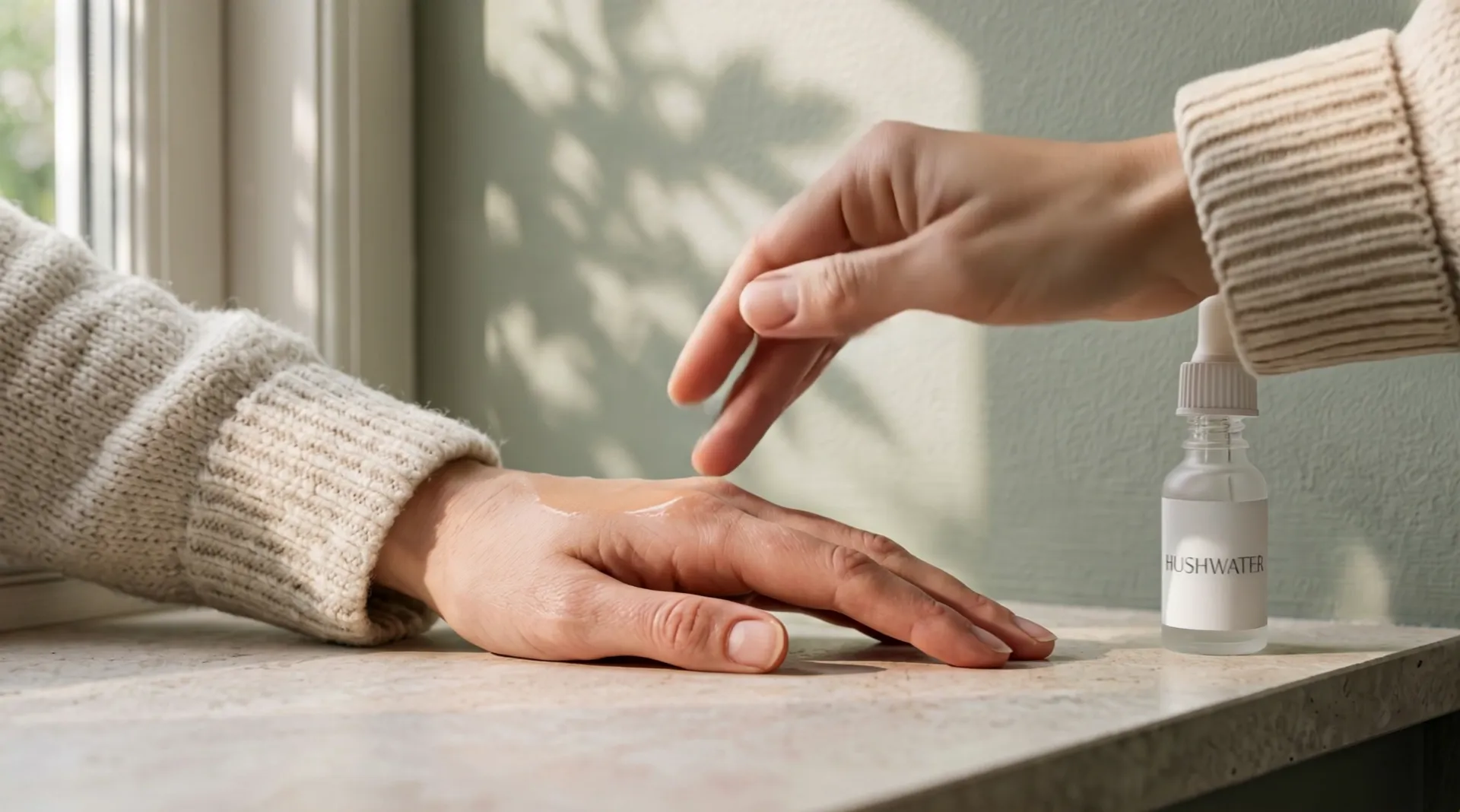 The back of the hand after the serum was spread over it: the skin has a soft sheen in the sun