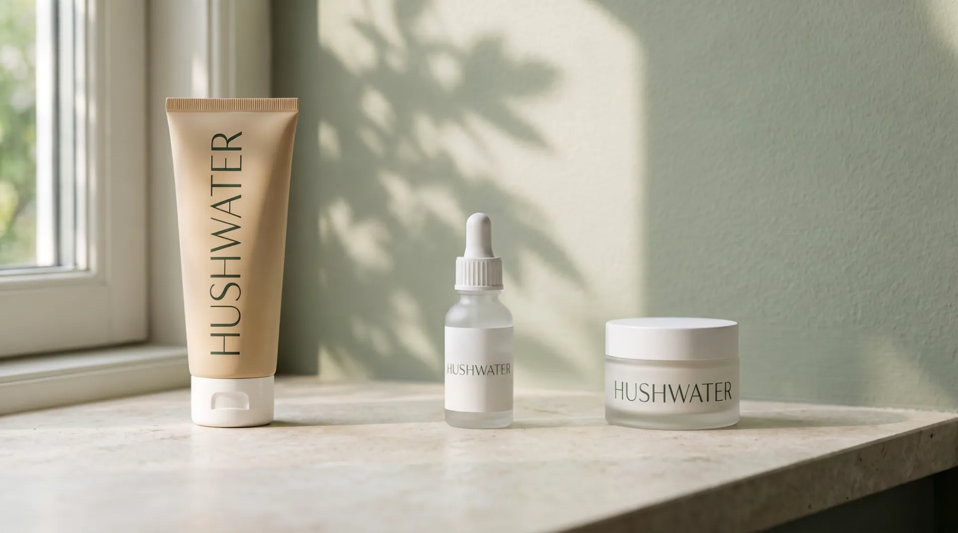 Three Hushwater products in a row on a stone ledge by a window: a tube of cleanser, the dropper bottle of serum, a jar of cream