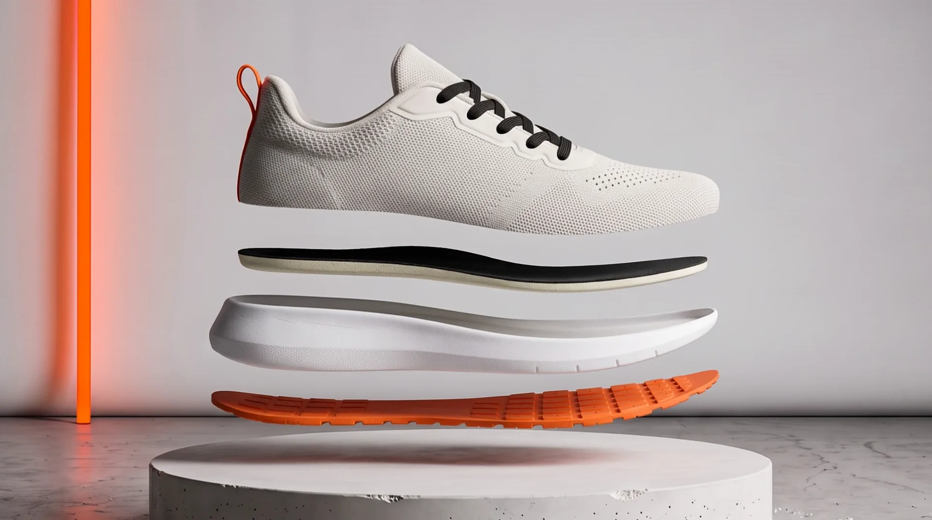 The sneaker taken apart in the air above the plinth, one part above another: the knit upper with its laces, the insole, the white foam midsole, the orange rubber outsole