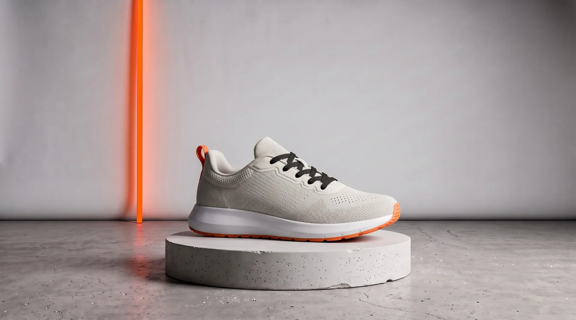 A white knit sneaker with black laces, an orange heel loop and an orange sole stands on a round concrete plinth in a grey studio; a strip of orange light on the backdrop