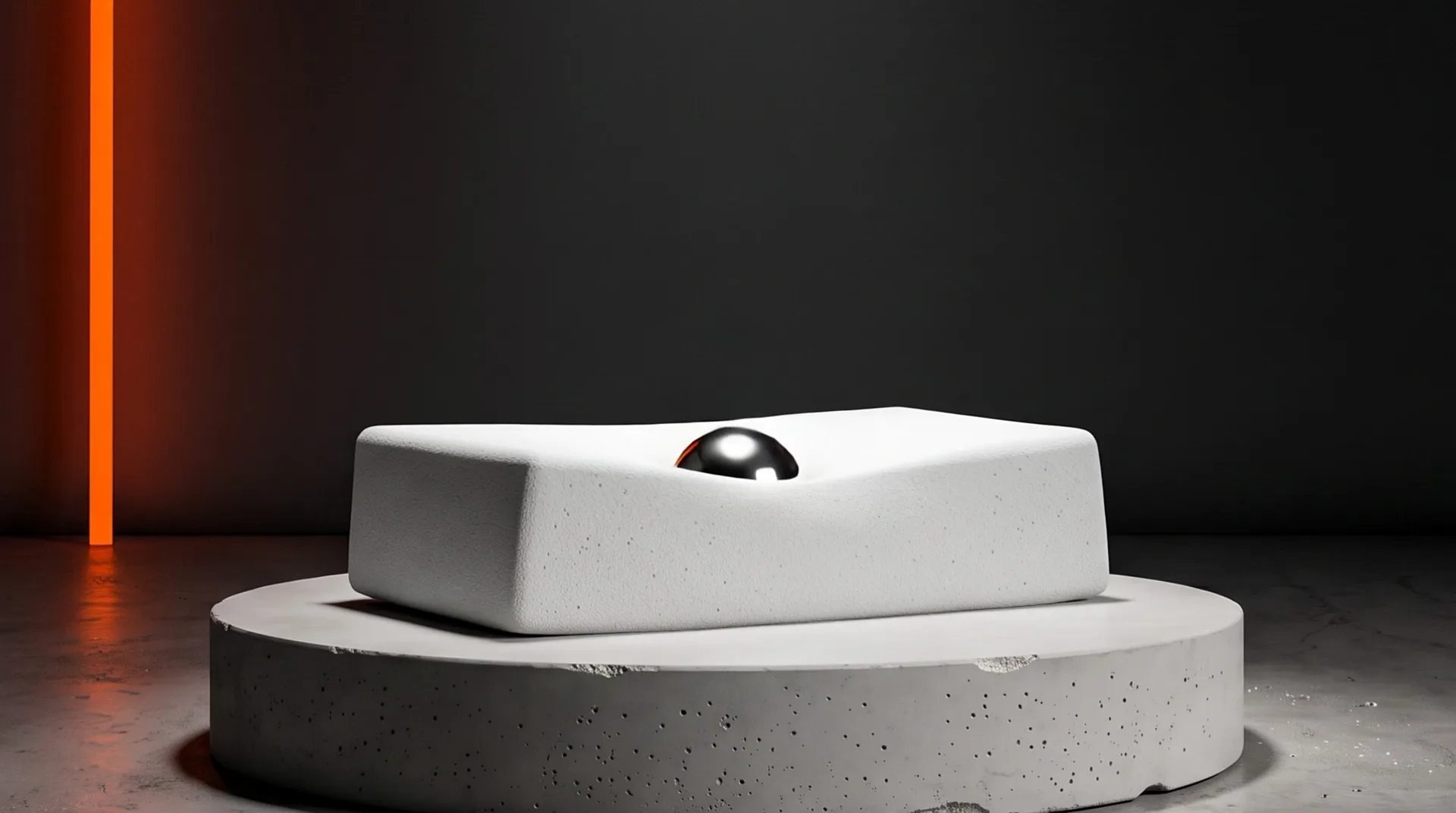 A dark studio: a polished steel ball sinks into a block of white foam lying on the plinth, the foam giving way under it; the orange light strip glows on the left