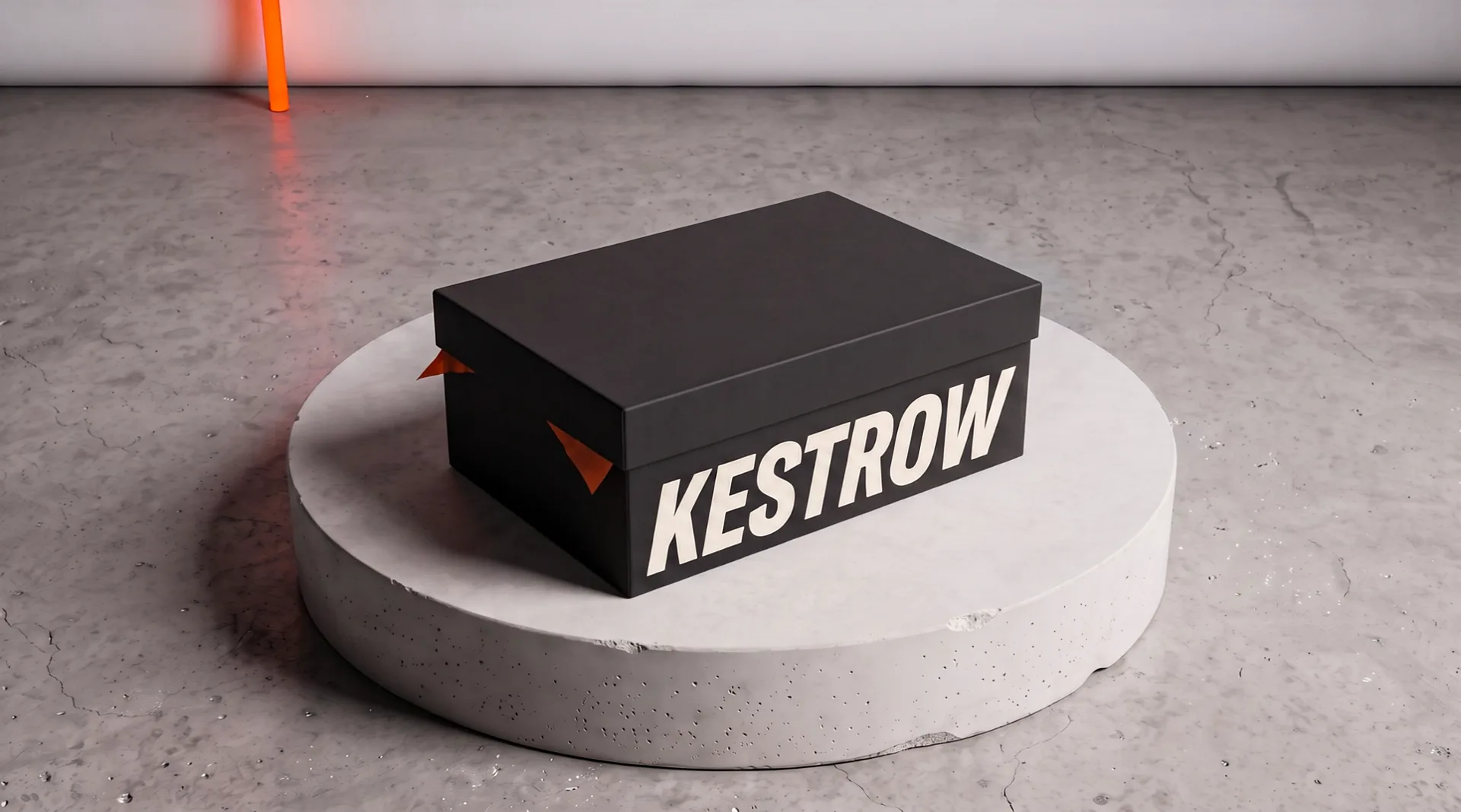 A closed matte black shoebox on the concrete plinth, the word Kestrow in large off-white italic capitals on its side, two corners of orange tissue paper caught under the lid