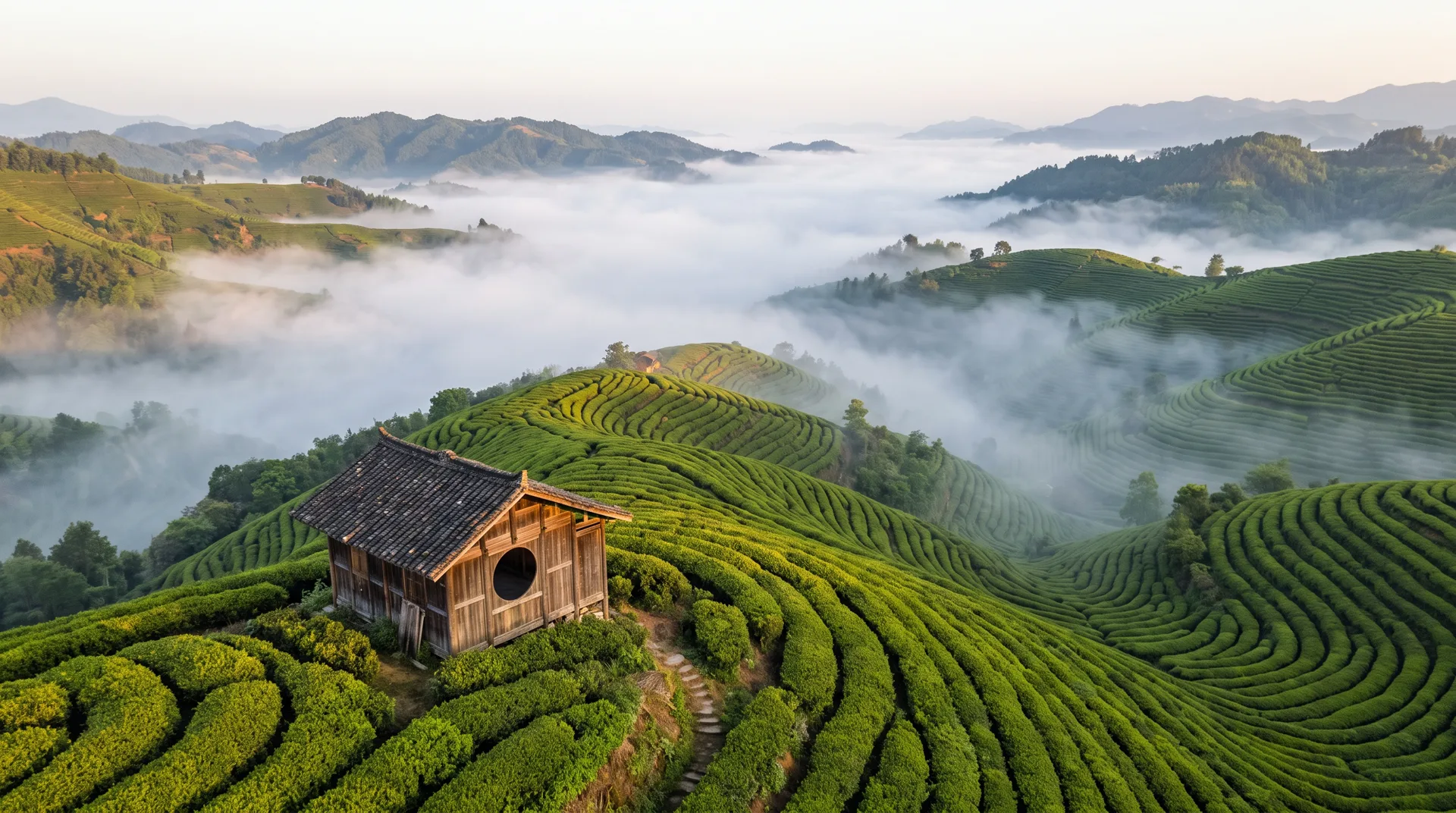 Terraces of tea on hills in the morning mist, a small wooden tea house with a round window among them