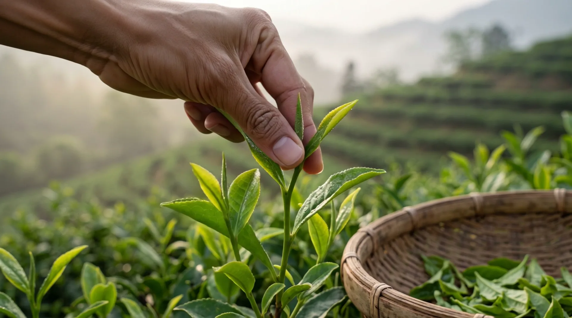 A hand plucks a young shoot from a tea bush, a basket of fresh leaves beside it