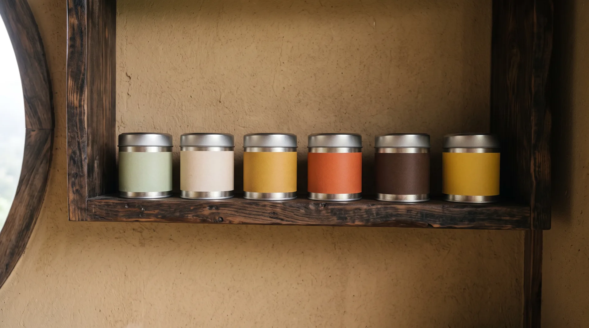 Six tea tins in a row on a dark wooden shelf, each with a band of its own colour
