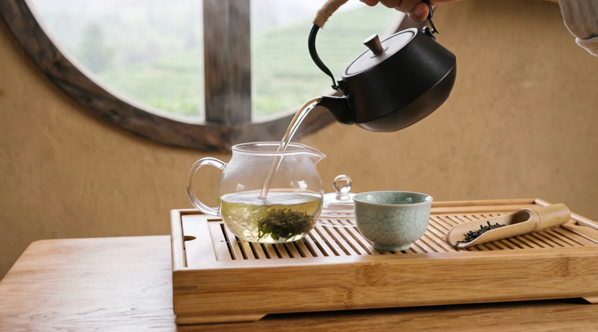 A hand pours hot water from a black iron kettle into a glass pot of tea leaves at the round window