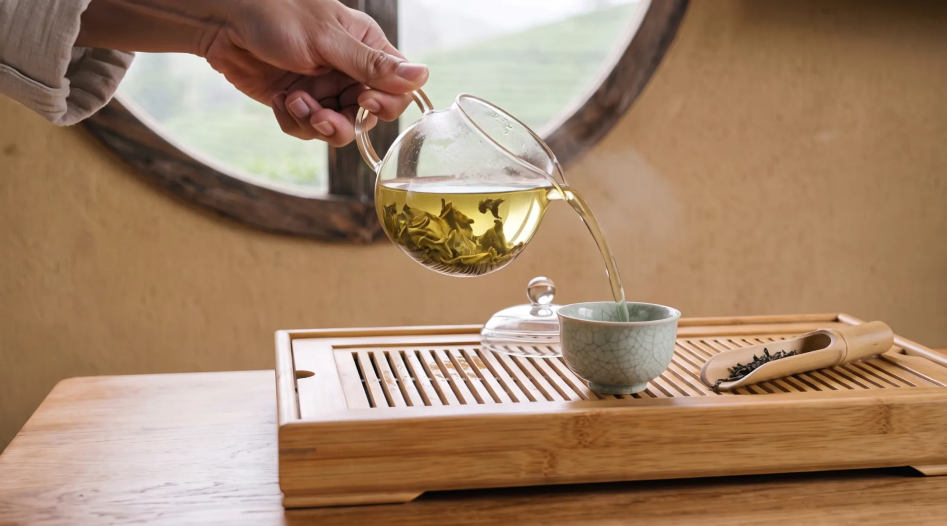 A hand pours green tea from a glass pot into a celadon cup on a bamboo tray