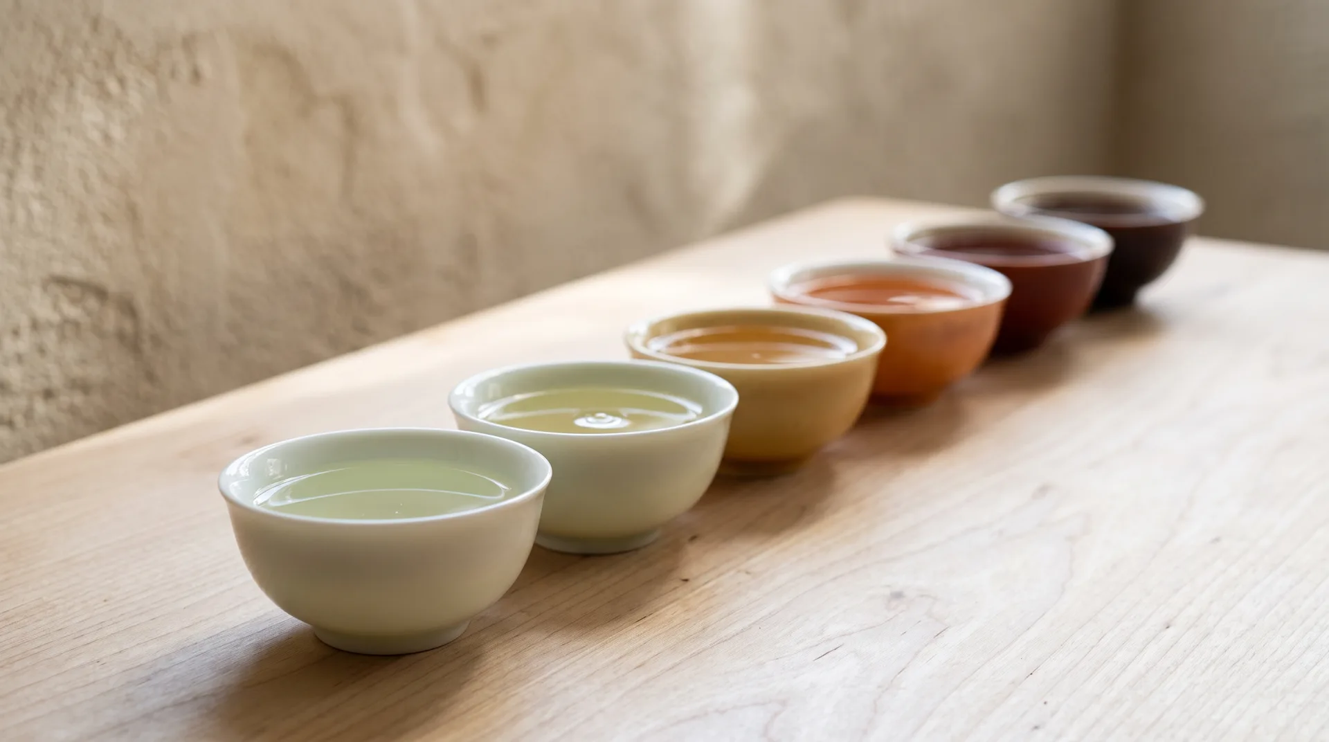Six bowls of tea in a row on a pale wooden table, from pale jade to dark red