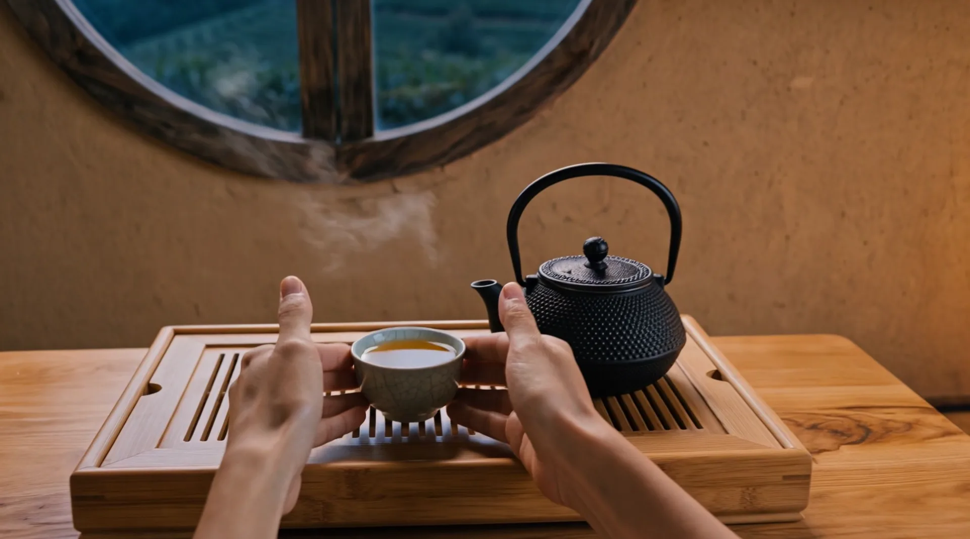 Evening in the tea house: two hands take a cup of tea from the tray beside an iron teapot