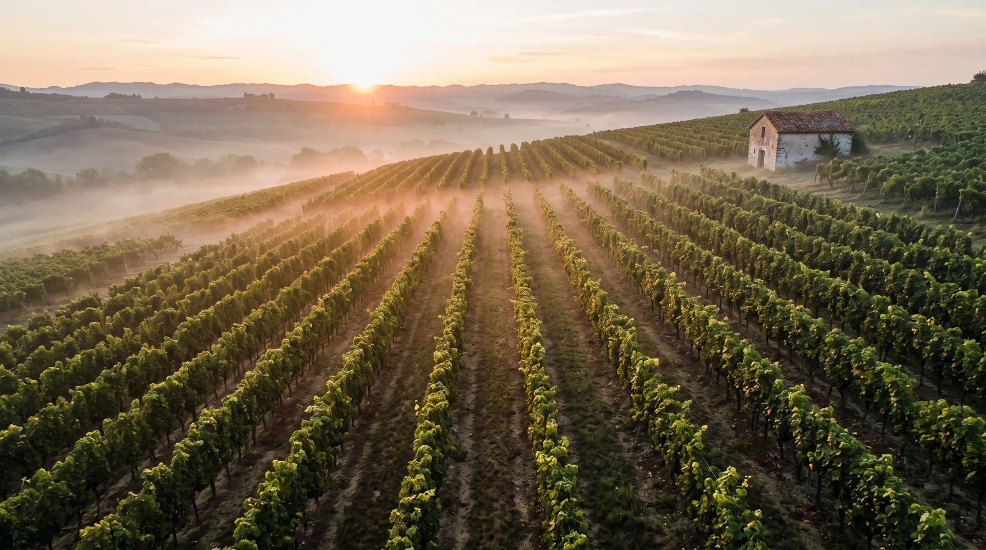 Rows of vines on a hillside at sunrise, mist between them