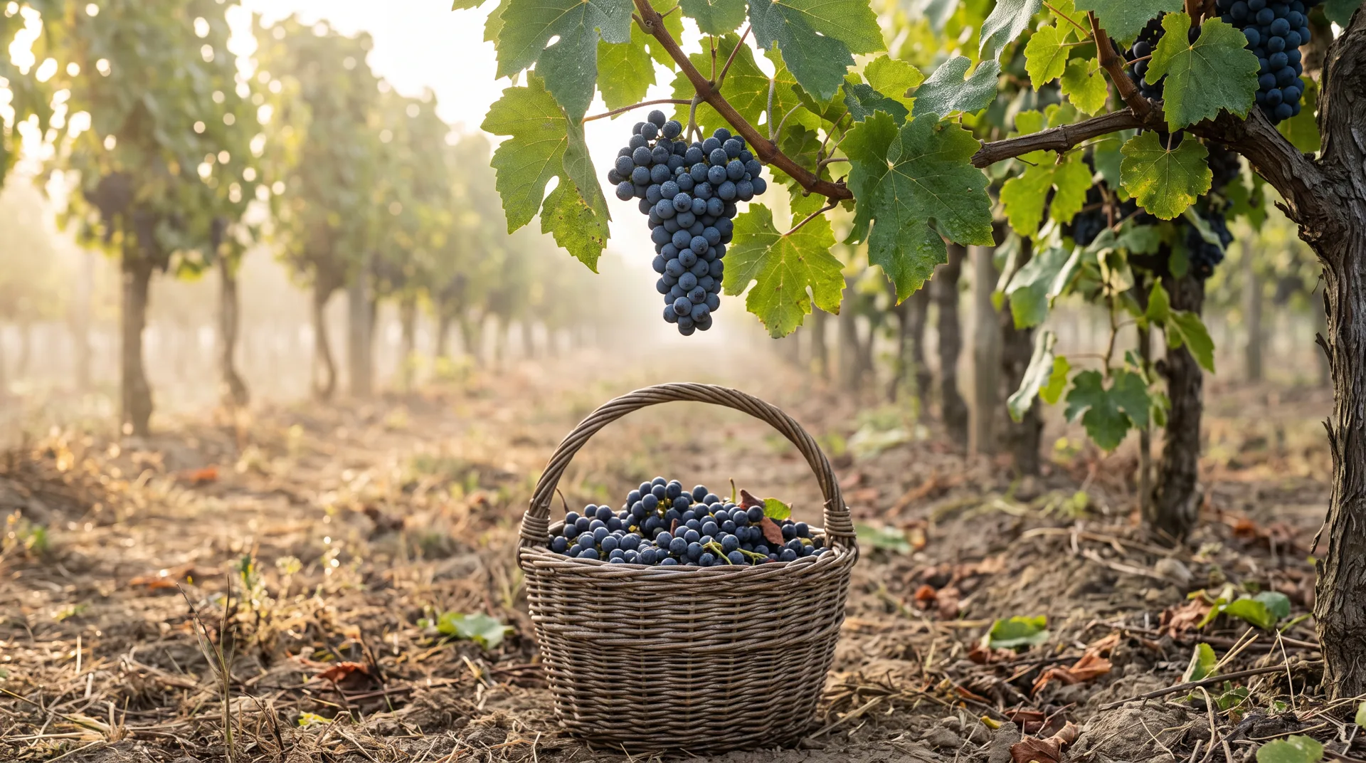 A hand holds a bunch of dark grapes on the vine and cuts it over a wicker basket of grapes