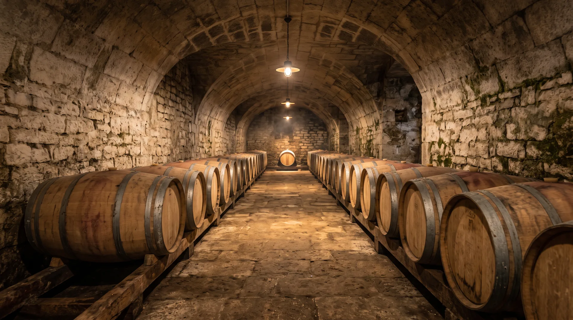 A vaulted stone cellar, oak casks in two rows along the aisle