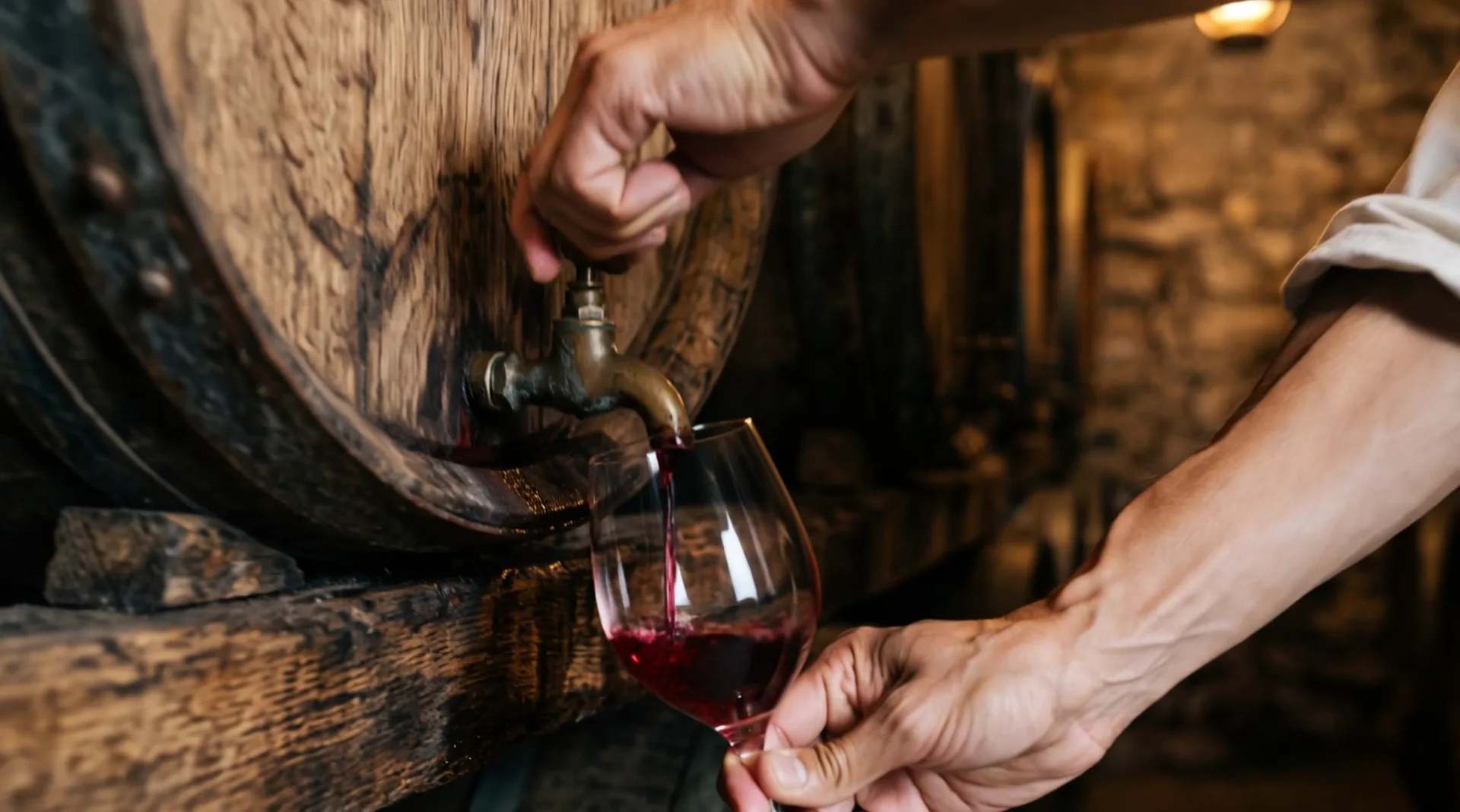 Red wine runs from the brass tap of an oak cask into a glass held under it