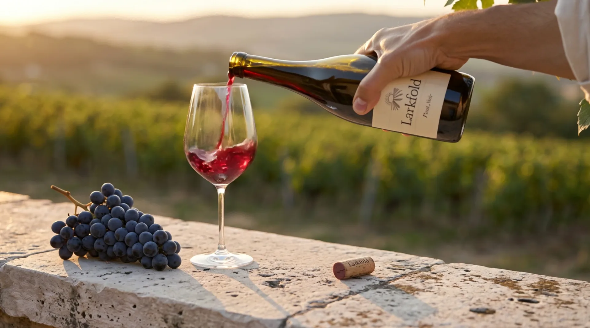 A hand pours Larkfold Pinot Noir into a glass on a stone parapet over the vineyard, a bunch of grapes beside it