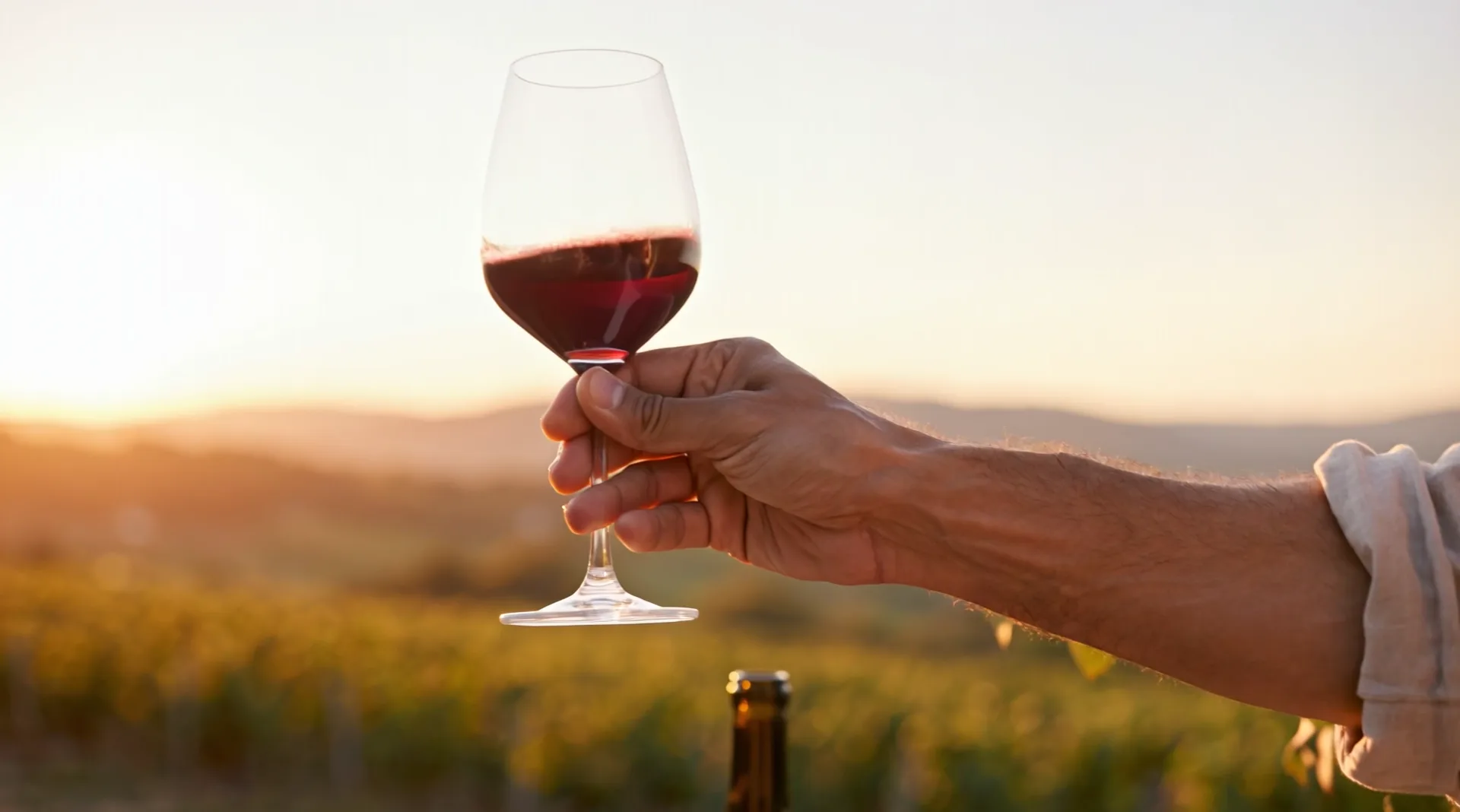 A hand holds a glass of red wine up against the low sun over the hills