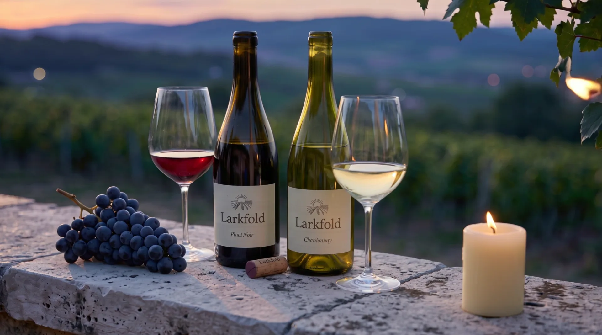 The two wines of Larkfold, two glasses, a burning candle and a bunch of grapes on the parapet at dusk