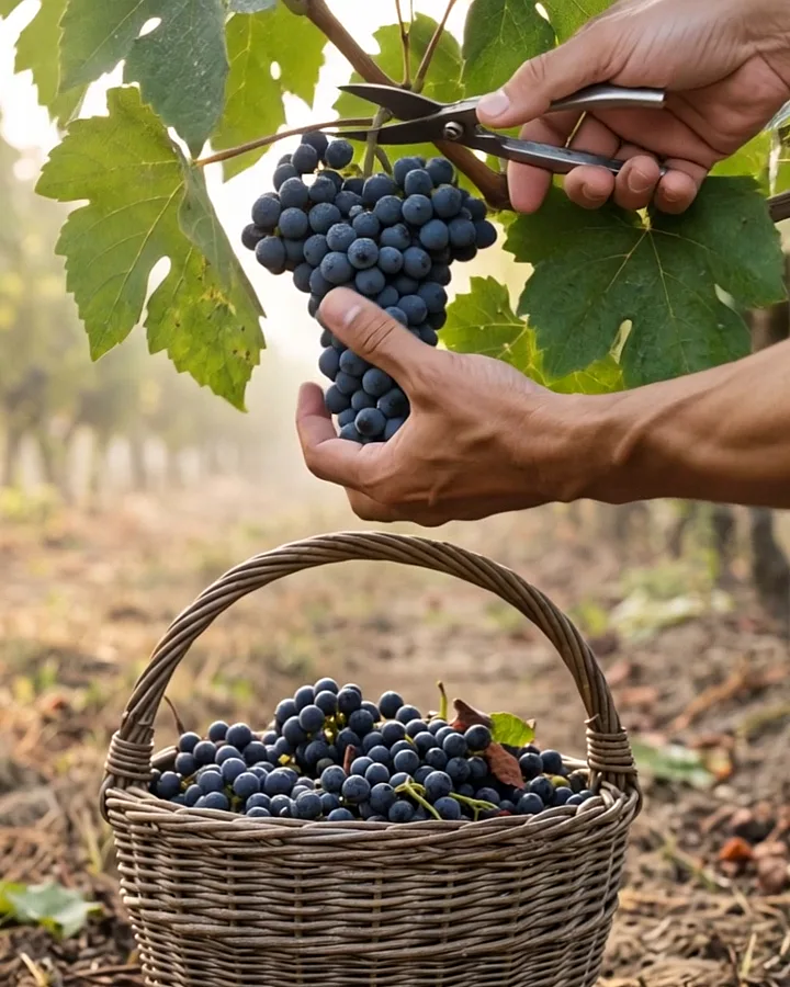 A hand holds a bunch of dark grapes on the vine, shears at its stalk