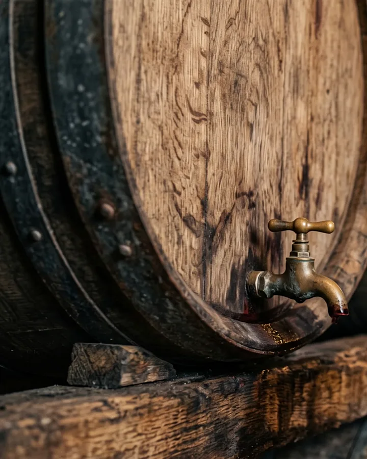 The head of an oak cask with a brass tap, a lamp on the stone wall behind