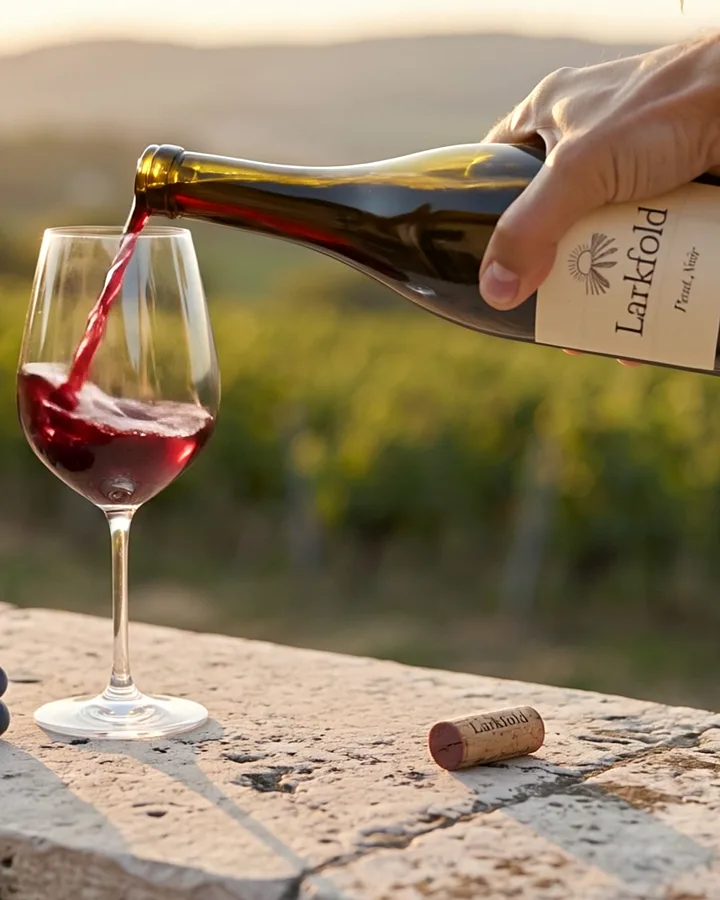 Red wine runs from a bottle of Larkfold into a glass on the parapet