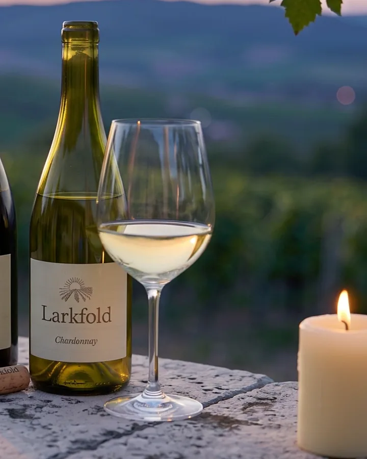 A bottle of Larkfold Chardonnay, a glass of white wine and a burning candle on the parapet at dusk