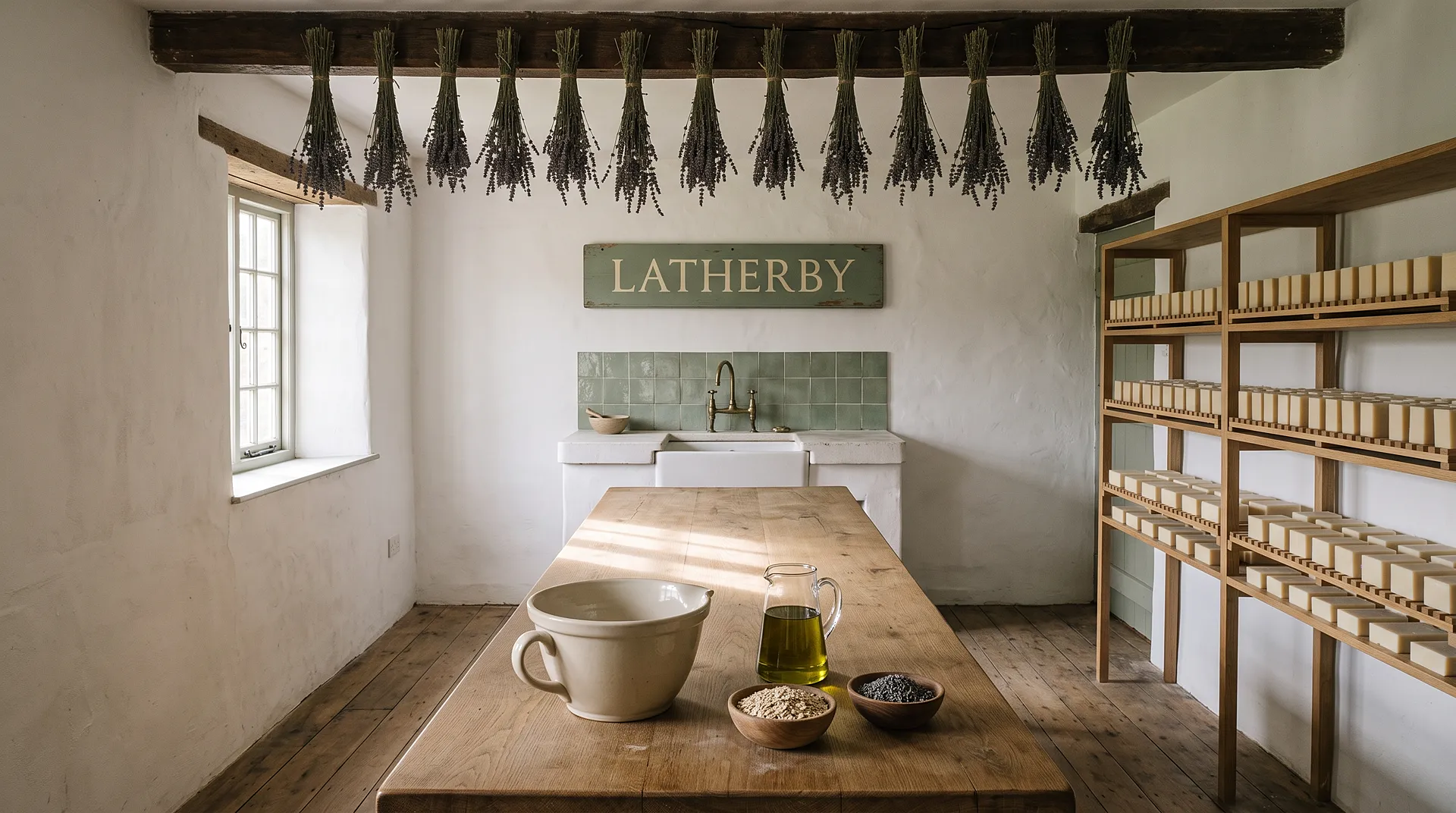 A whitewashed soap workshop in the morning: bundles of dried lavender hang from a beam, a long oak table with a bowl, a pitcher of olive oil, oats and lavender, shelves of curing soap, and a sage-green sign that reads Latherby