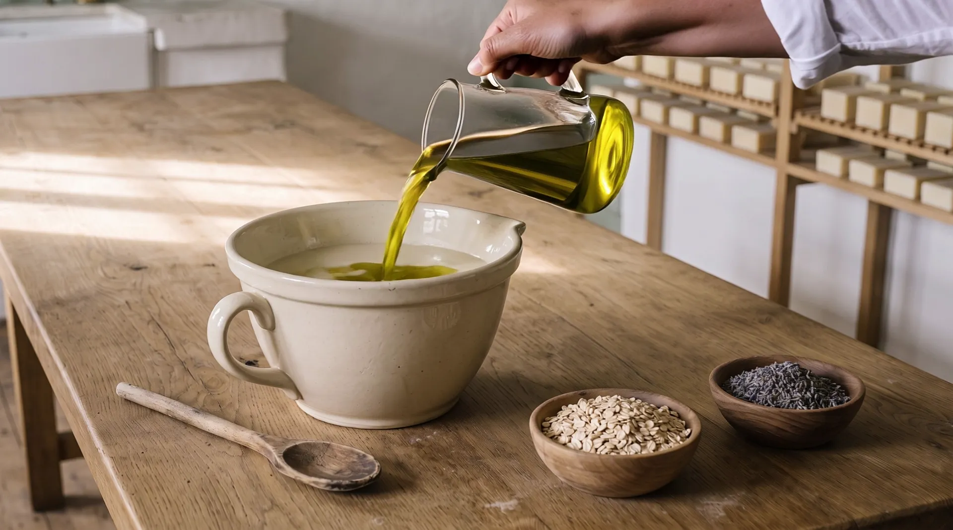 A hand pours golden-green olive oil from a glass pitcher into a cream stoneware bowl