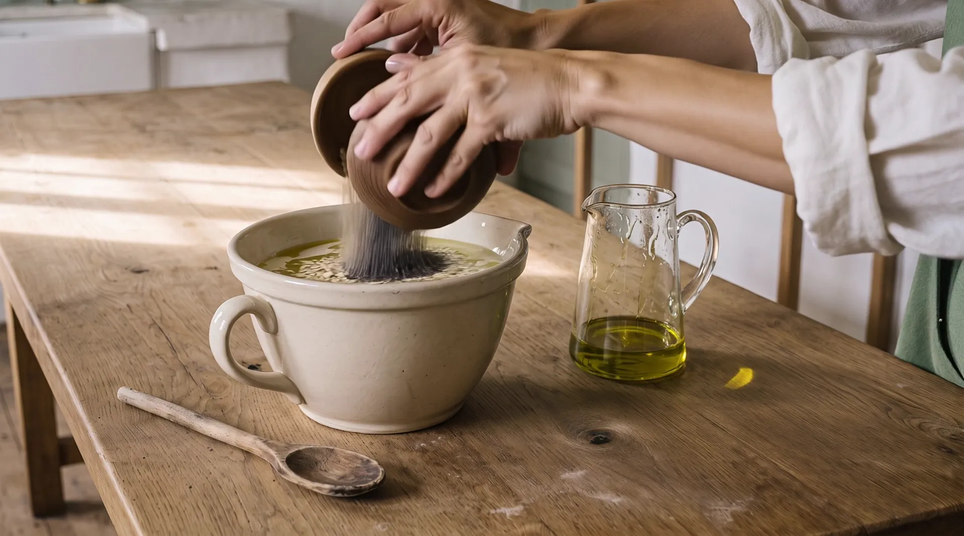Two hands tip two small wooden bowls over the big one: oat flakes lie on the oil and dark lavender buds pour onto them
